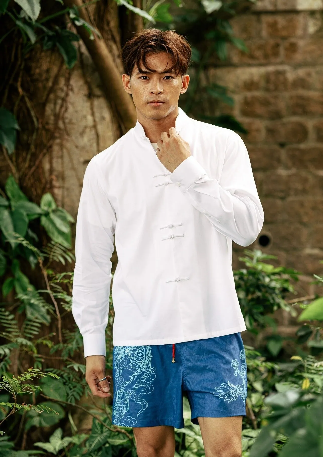 Qipology X Mazu Resortwear Cotton Linen Tang Shirt (White)