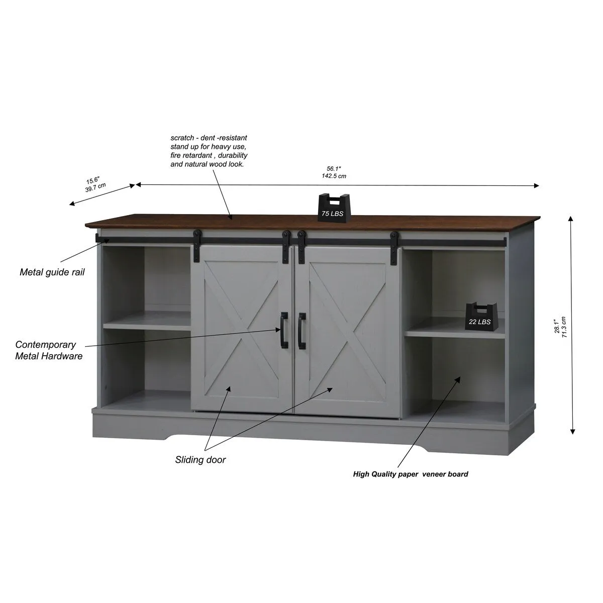 "56"" TV STAND with 2 Barn Door" "Farmhouse Style Media Console with Barn Door Sliders Cape Multipurpose Entertainment Center"