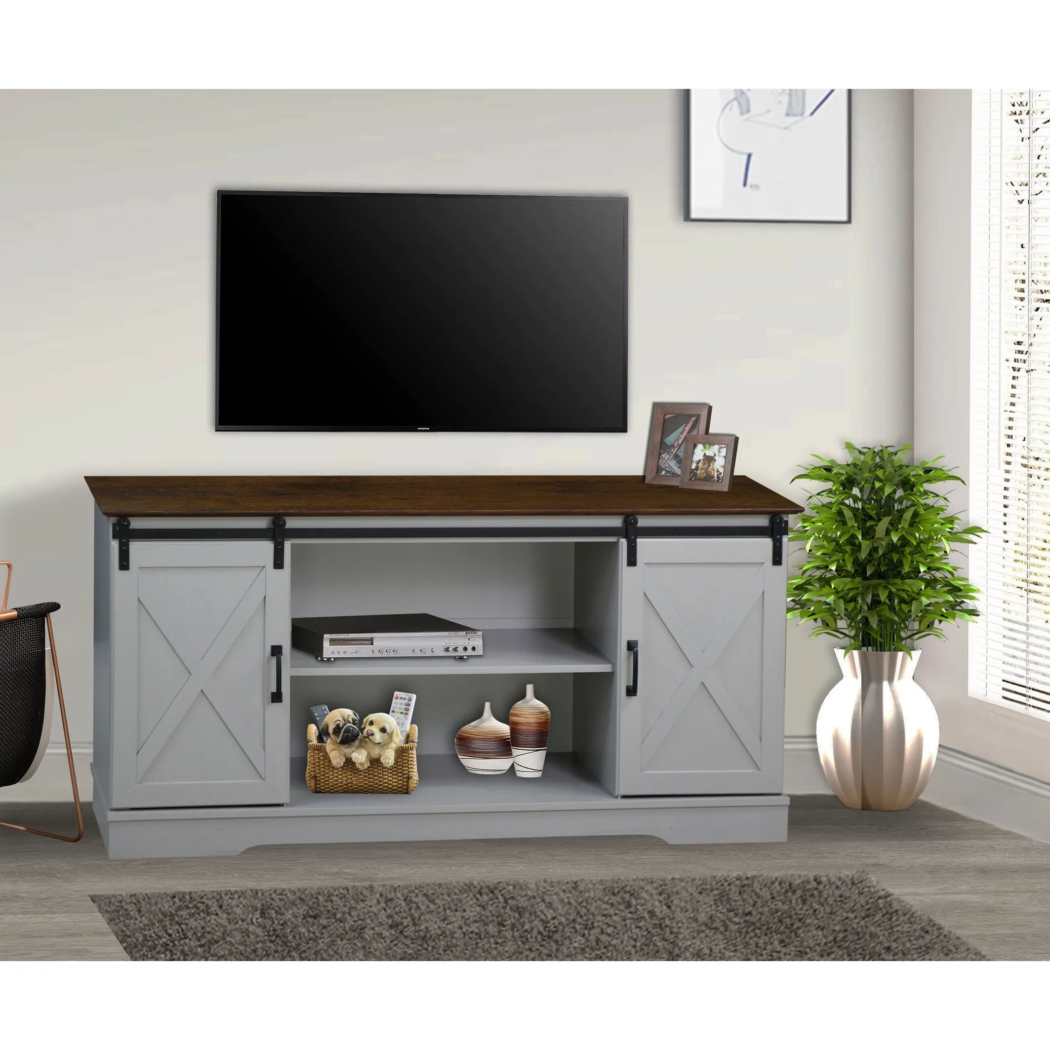 "56"" TV STAND with 2 BarnDoor" "Farmhouse Style Media Console with Barn Door Sliders