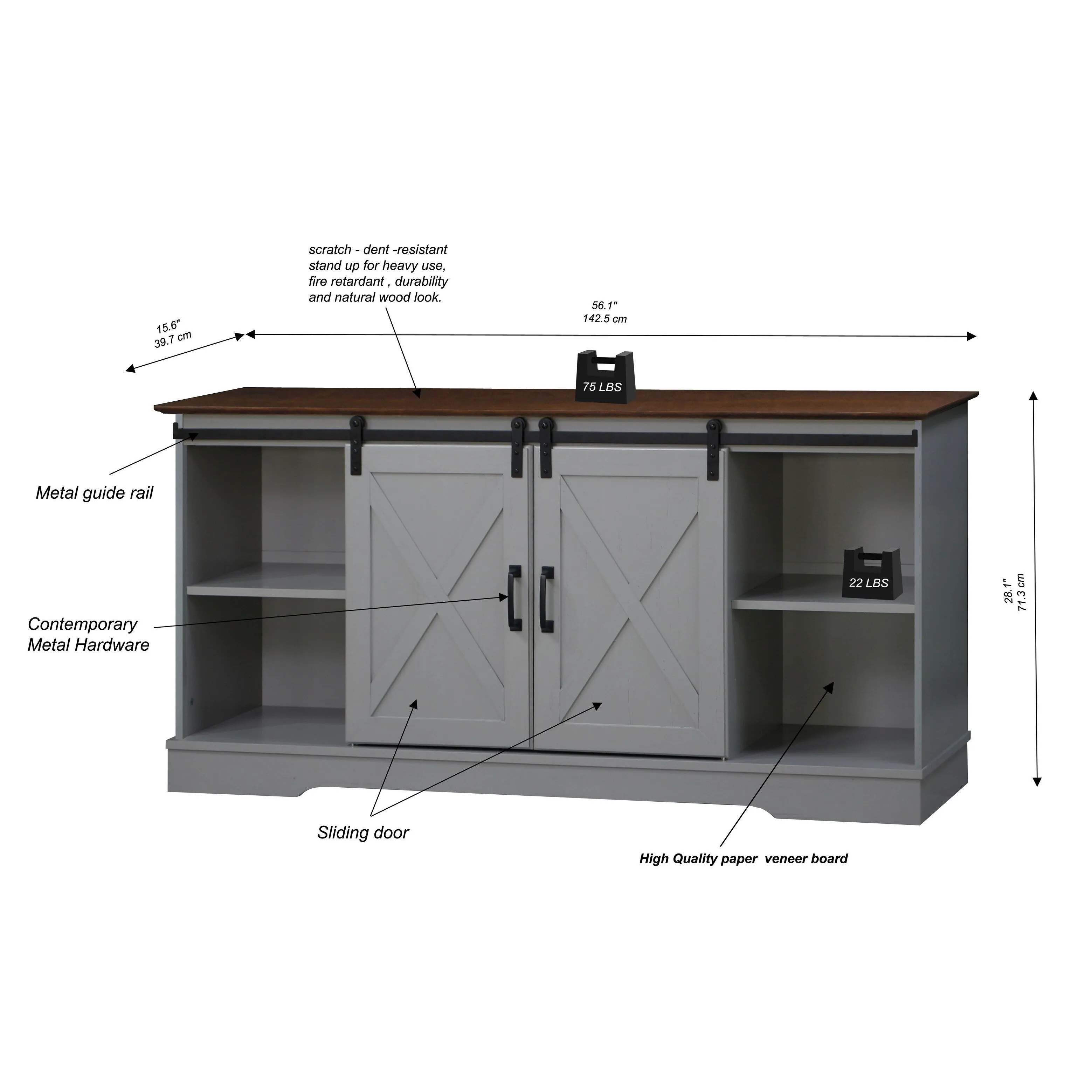 "56"" TV STAND with 2 BarnDoor" "Farmhouse Style Media Console with Barn Door Sliders