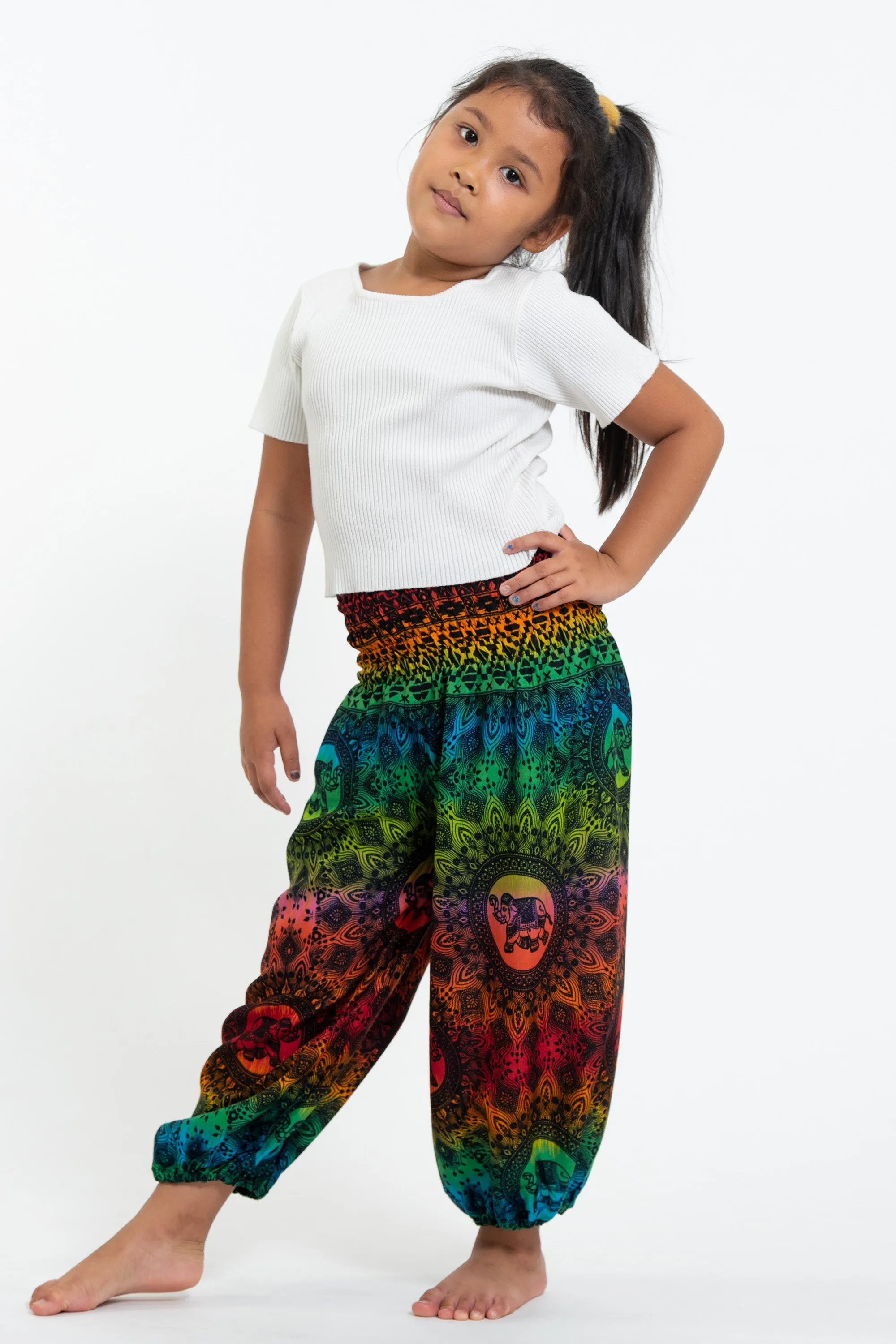 Rainbow Elephant Kids Harem Pants in Orange