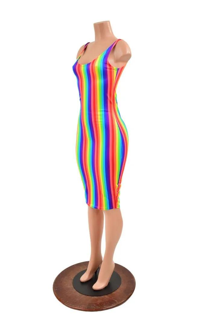 Rainbow Stripe Thin Strap Tank Wiggle Dress