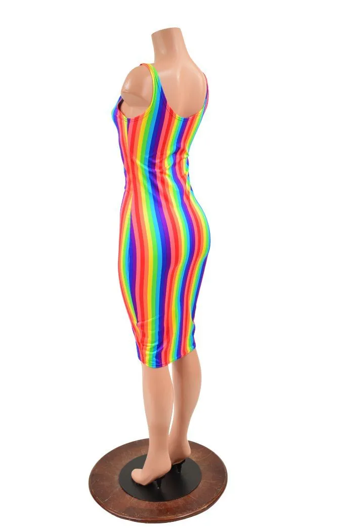 Rainbow Stripe Thin Strap Tank Wiggle Dress