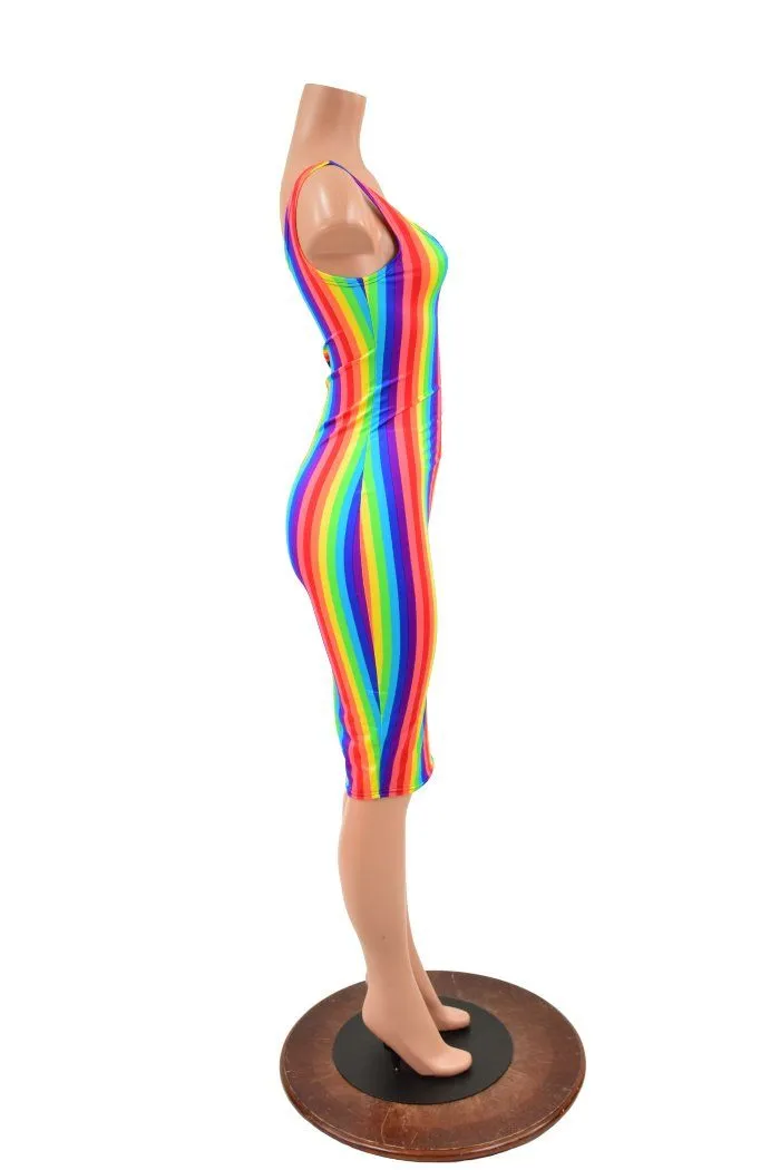 Rainbow Stripe Thin Strap Tank Wiggle Dress