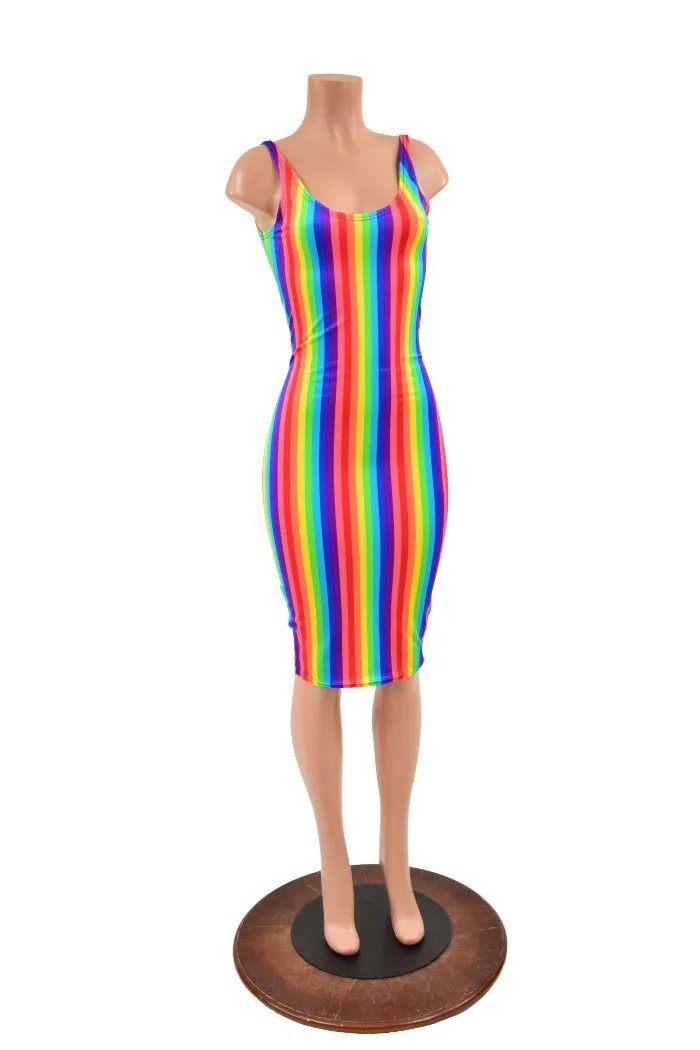 Rainbow Stripe Thin Strap Tank Wiggle Dress