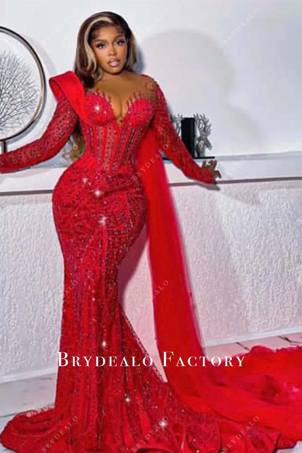 Red Corset Long Sleeve Mermaid Streamer Prom Dress