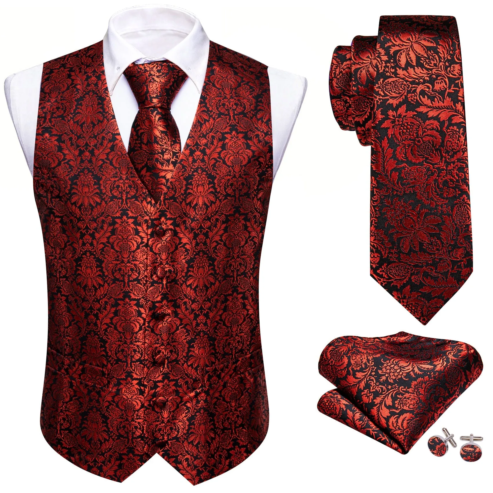 Red Floral Silk Men Vest Hanky Cufflinks Tie Set