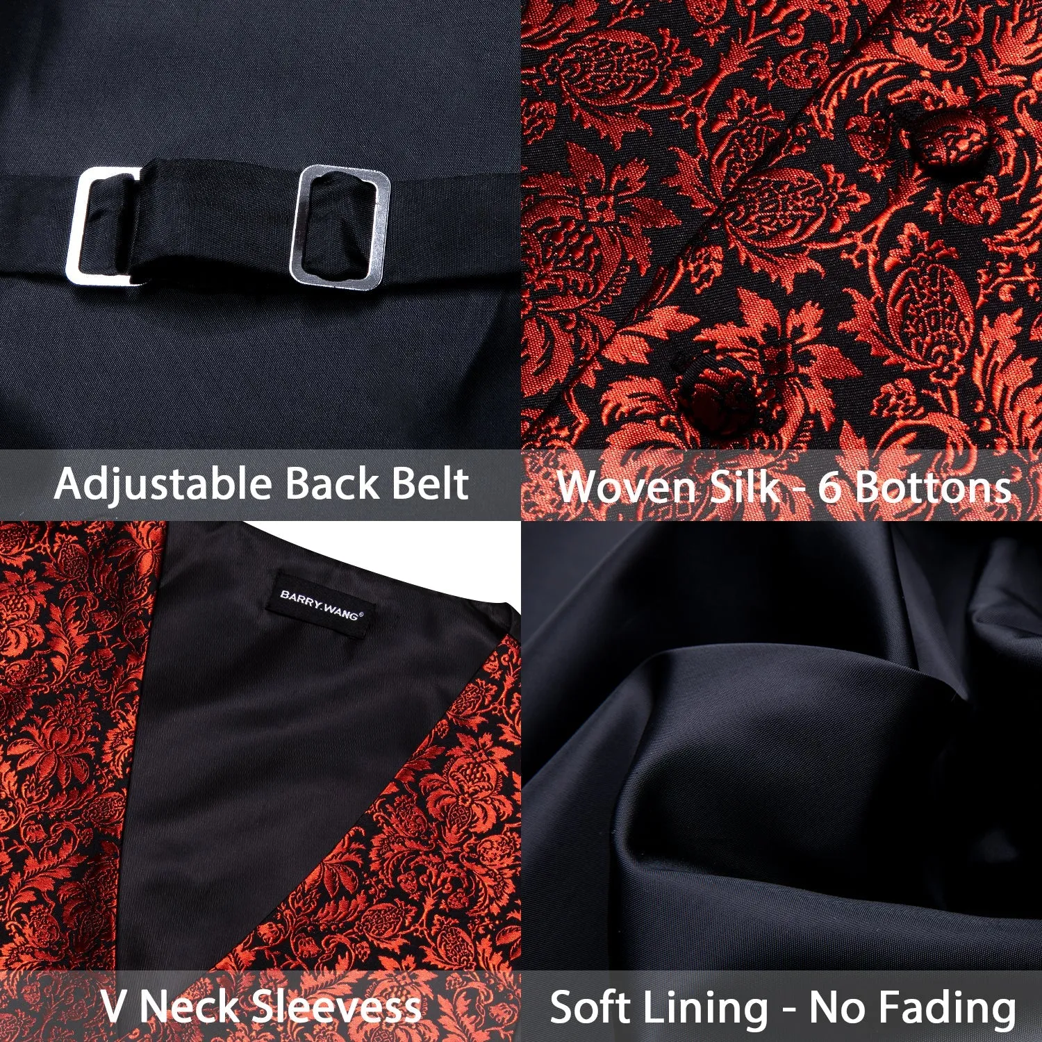 Red Floral Silk Men Vest Hanky Cufflinks Tie Set