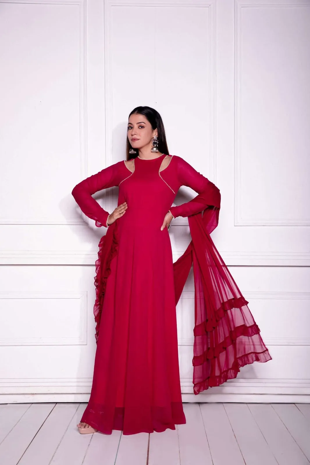 Red Georgette Gown with Matching Dupatta