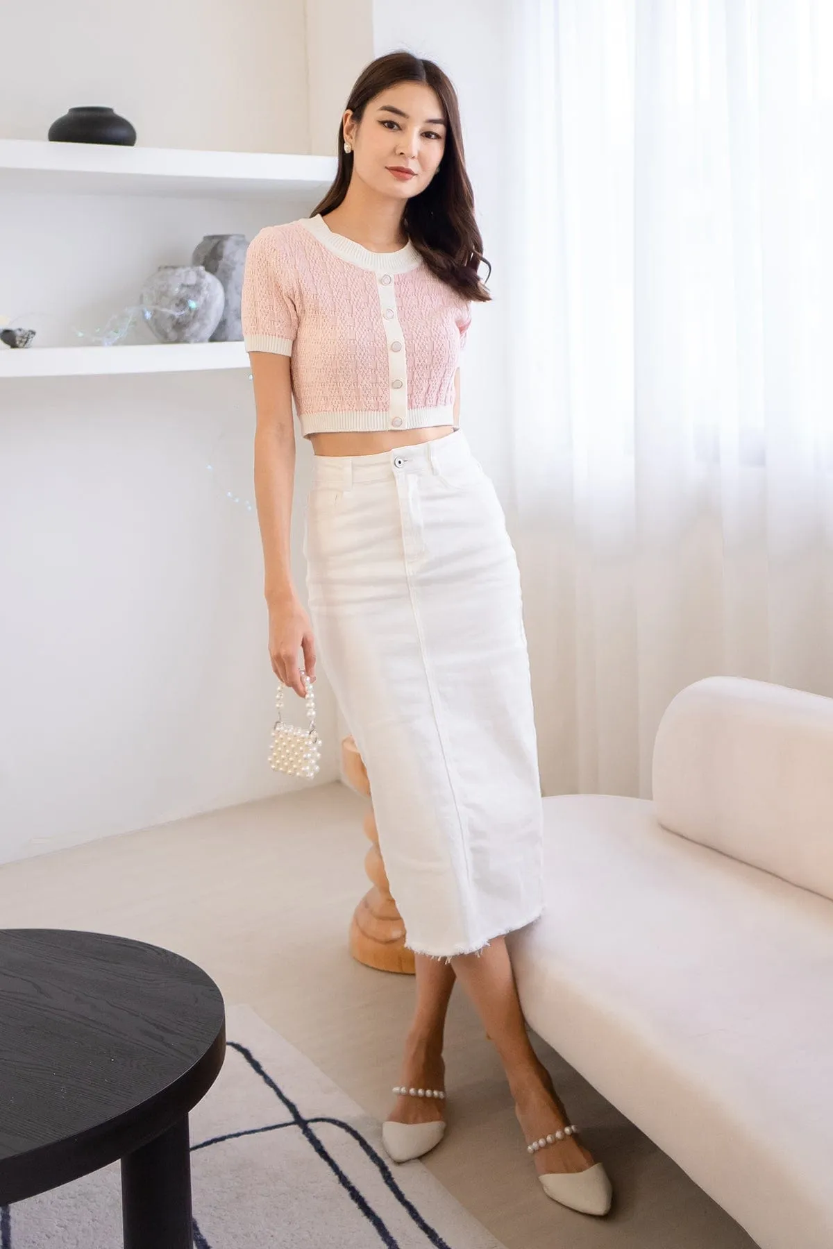 RESTOCKED** MILLER DENIM MIDI SKIRT IN WHITE