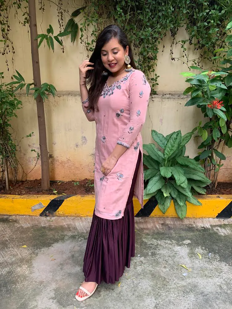 Rosebud Kurta & Mahogany Pleated Skirt Set