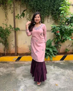 Rosebud Kurta & Mahogany Pleated Skirt Set