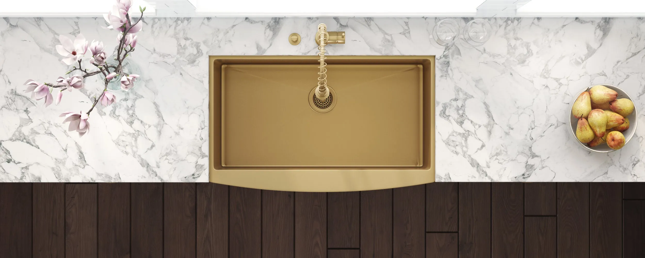 Ruvati Brass Tone 33-inch Apron-Front Matte Gold Stainless Steel Farmhouse Kitchen Sink – Single Bowl – RVH9733GG