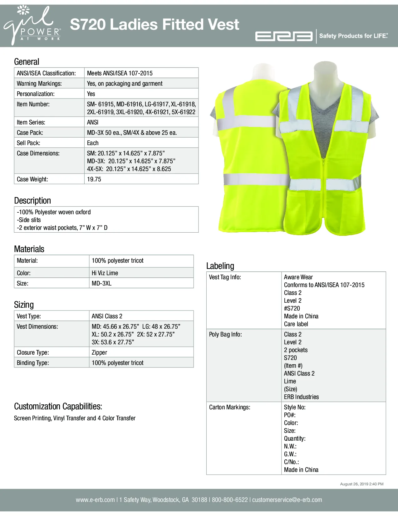 S720 Class 2 Women's Fitted Safety Vest 15pc/carton