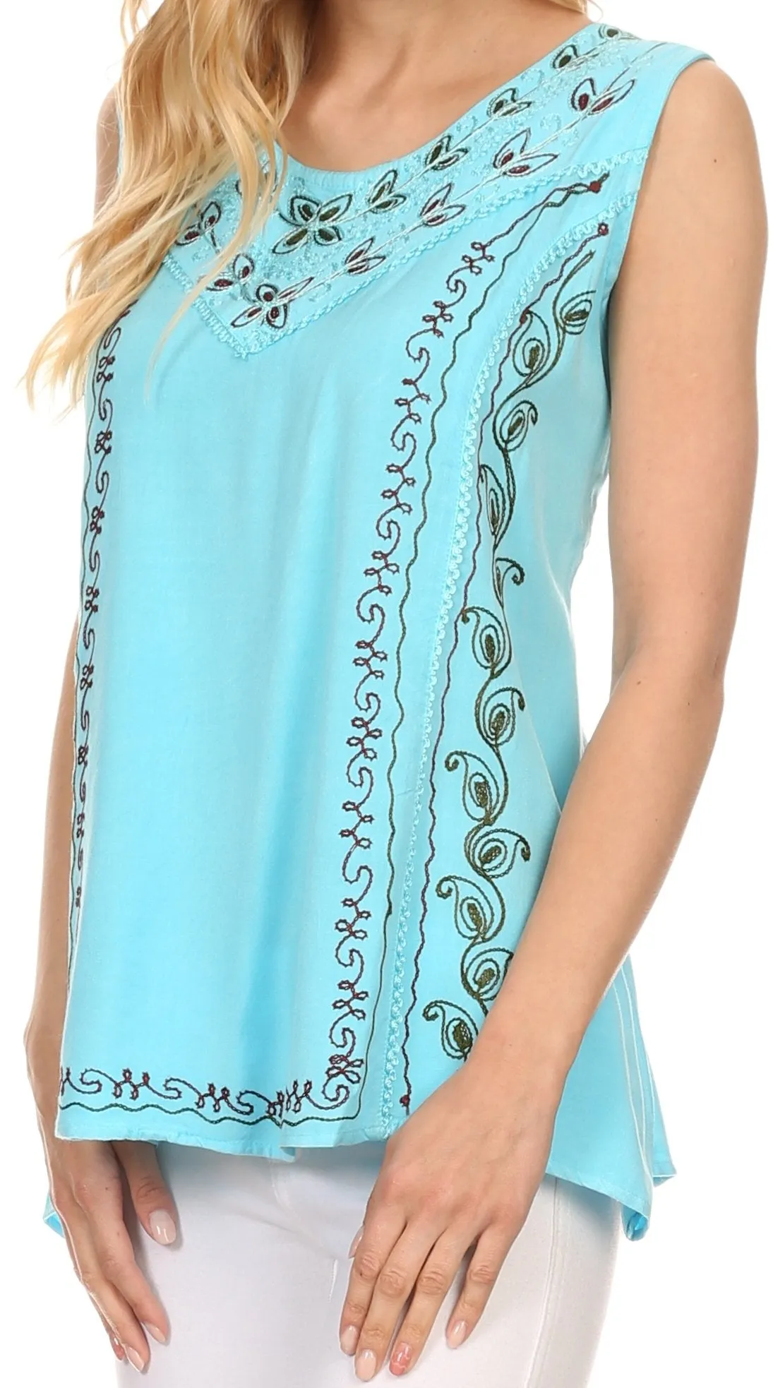 Sakkas Koonya Long Light Scoop Neck Nature Embroidered Sleeveless Tank Top Blouse