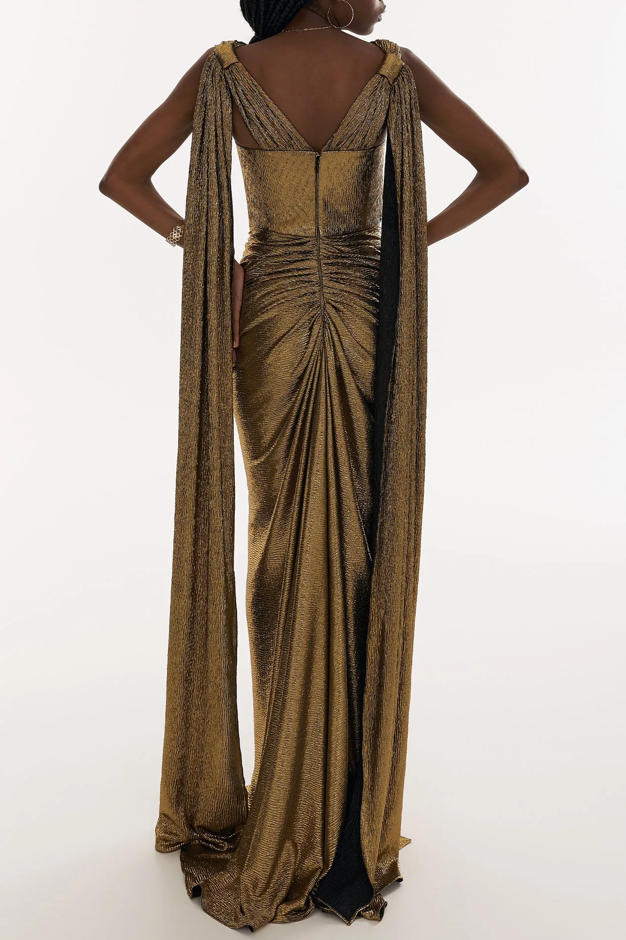 Sari Pure Gold Metallic Light Crepe Dress With Capes