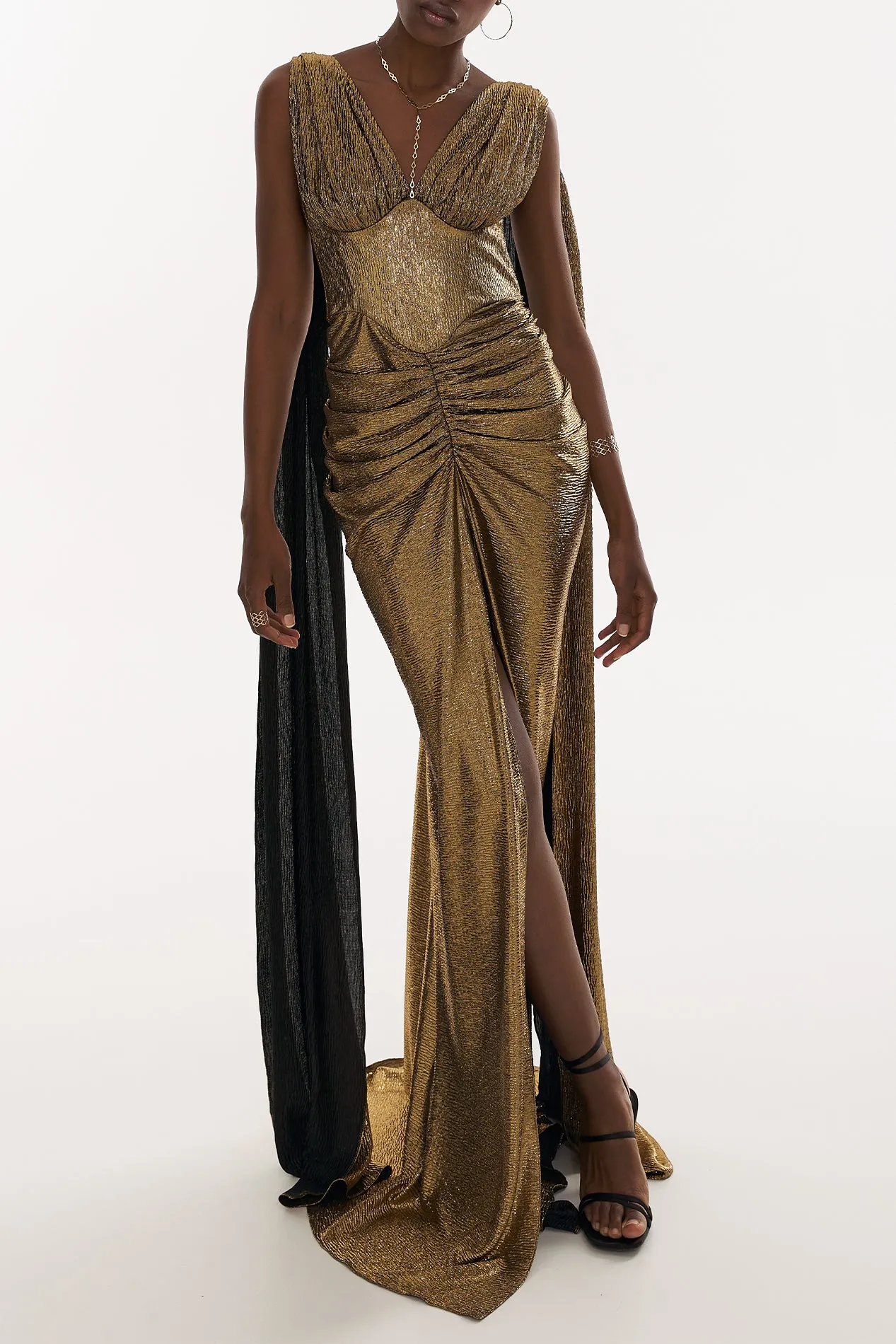 Sari Pure Gold Metallic Light Crepe Dress With Capes