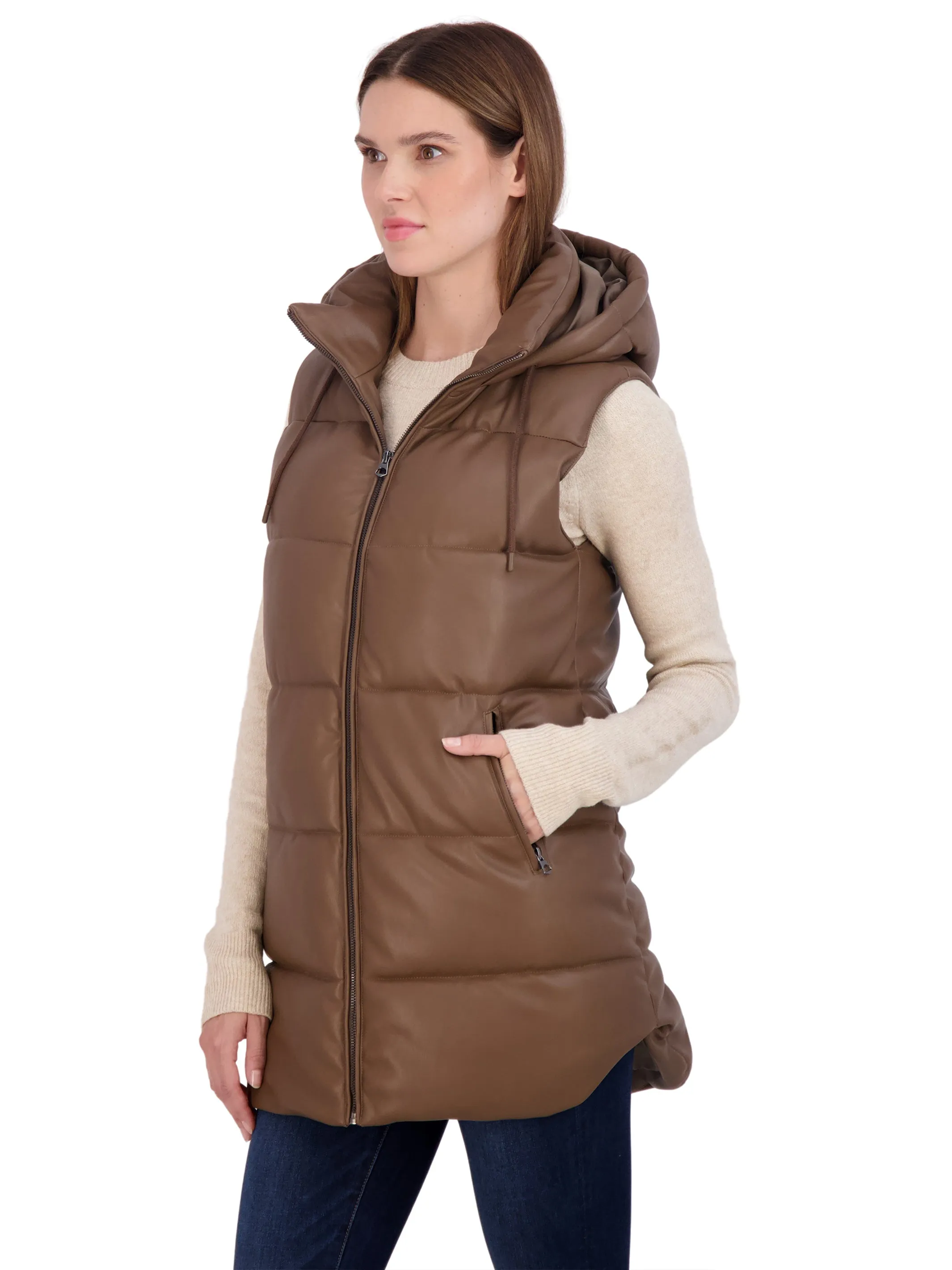 Sebby Collection Women's Puffer Faux Leather Vest with Hood