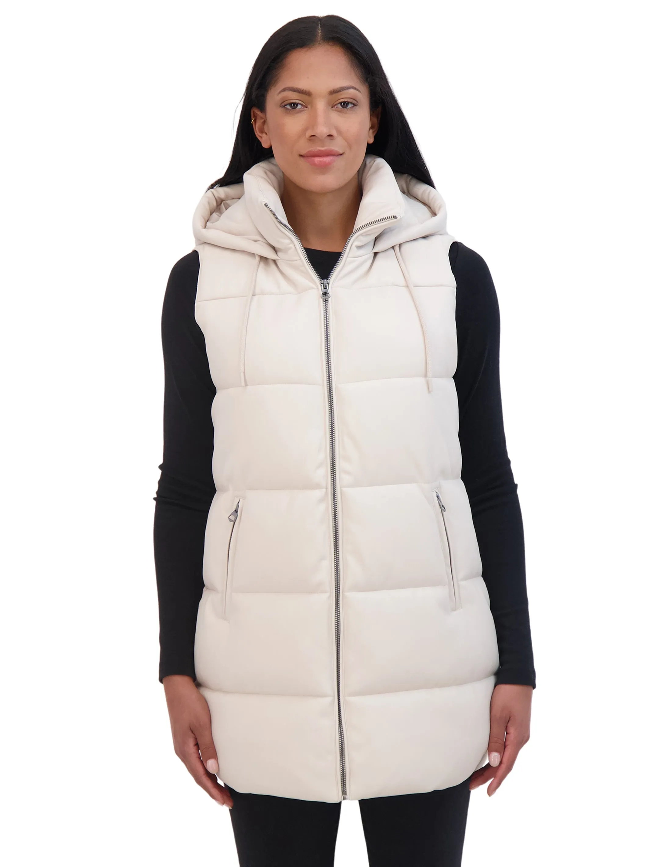 Sebby Collection Women's Puffer Faux Leather Vest with Hood