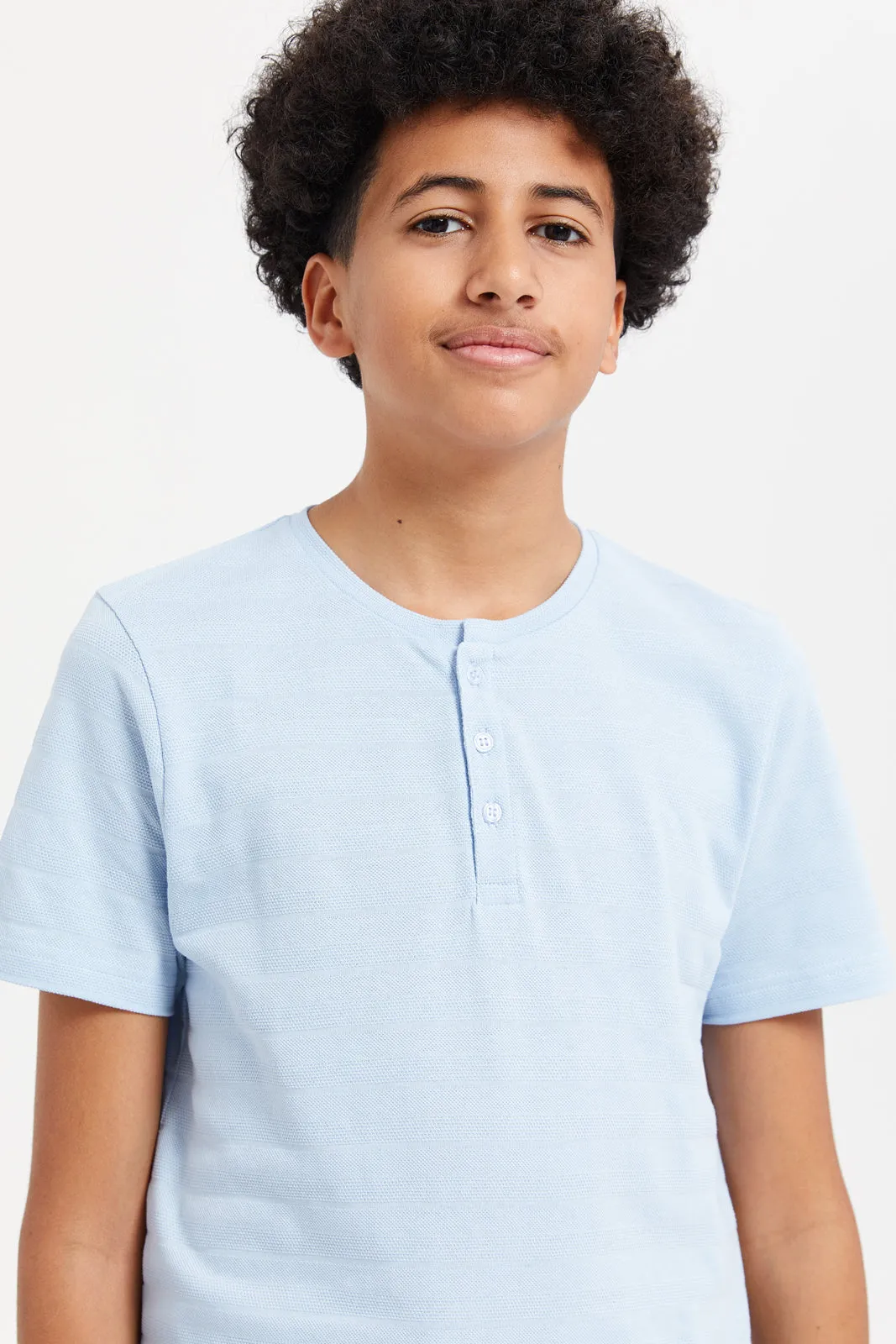 Senior Boys Blue Jacquard Henley T-Shirt