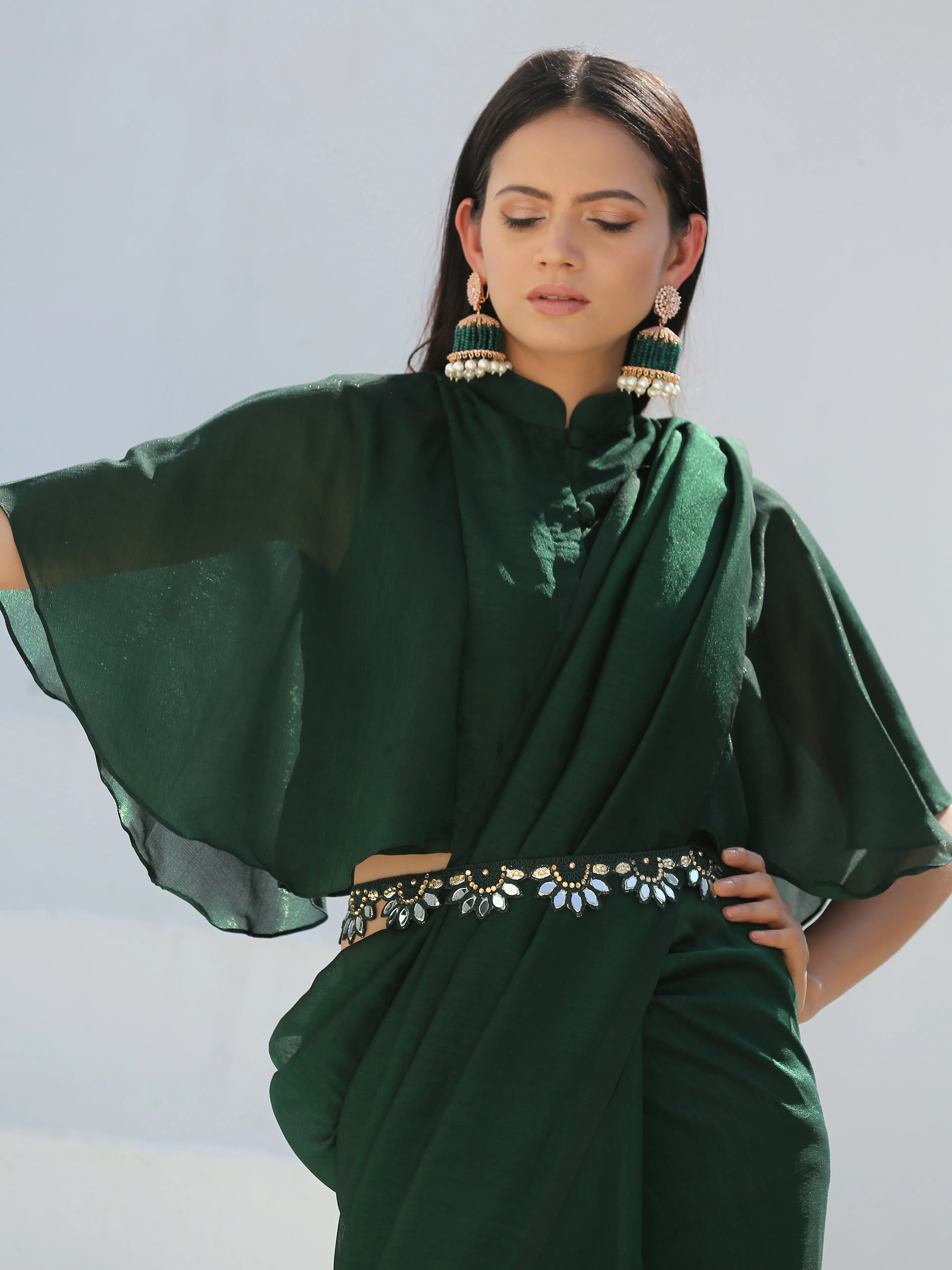 SET | Lush Green Shimmer Saree   Blouse   Belt