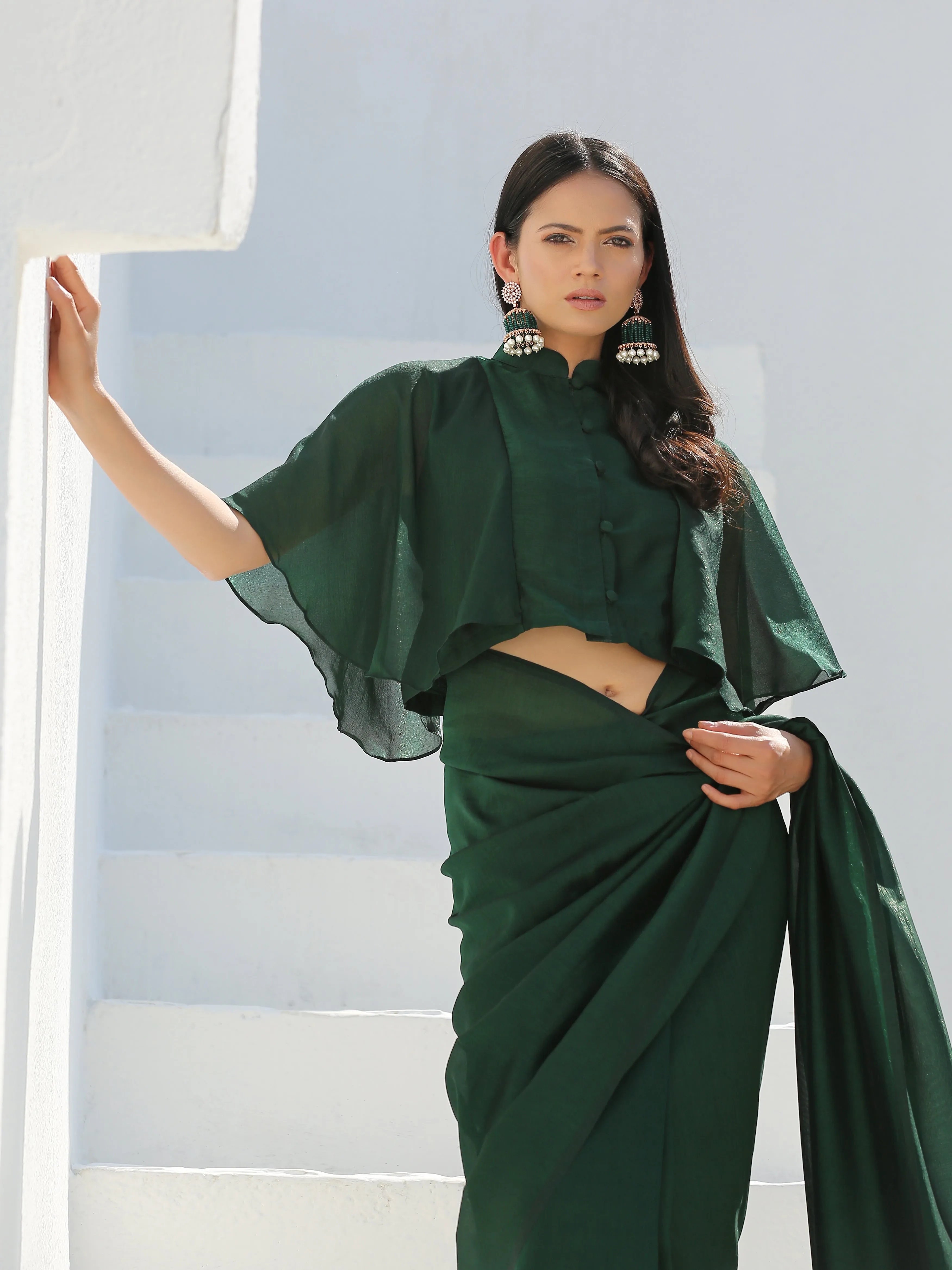 SET | Lush Green Shimmer Saree   Blouse   Belt