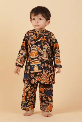 Set Of 2: Mason Black Kalamkari Printed Cotton Kurta & Pyjama