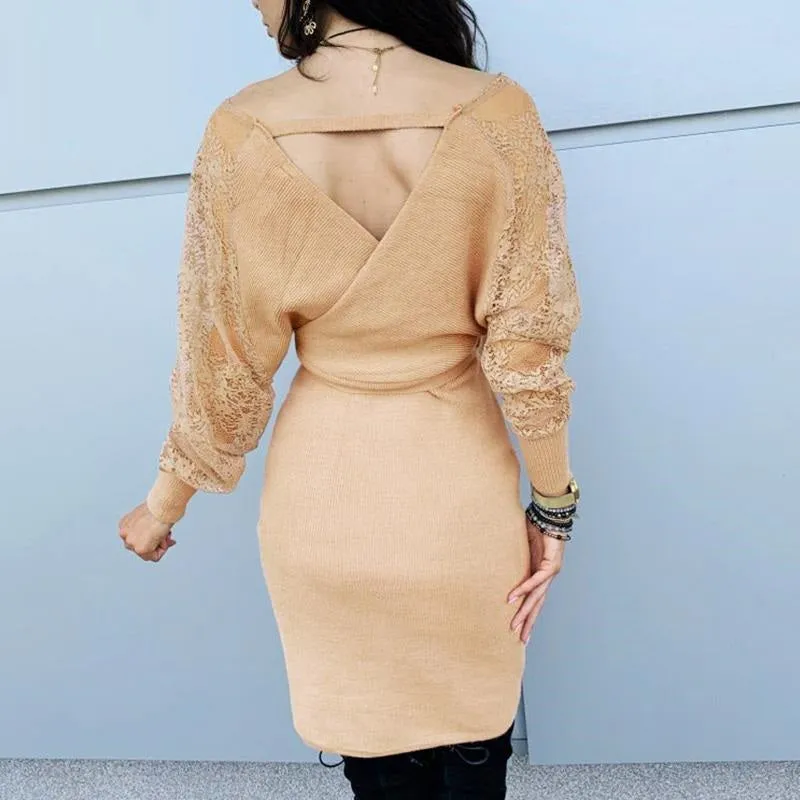 Sexy Hollow Out High Waist Lace V-Neck Lantern Elegant Office Bodycon Dress