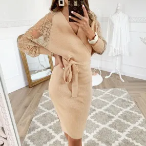 Sexy Hollow Out High Waist Lace V-Neck Lantern Elegant Office Bodycon Dress