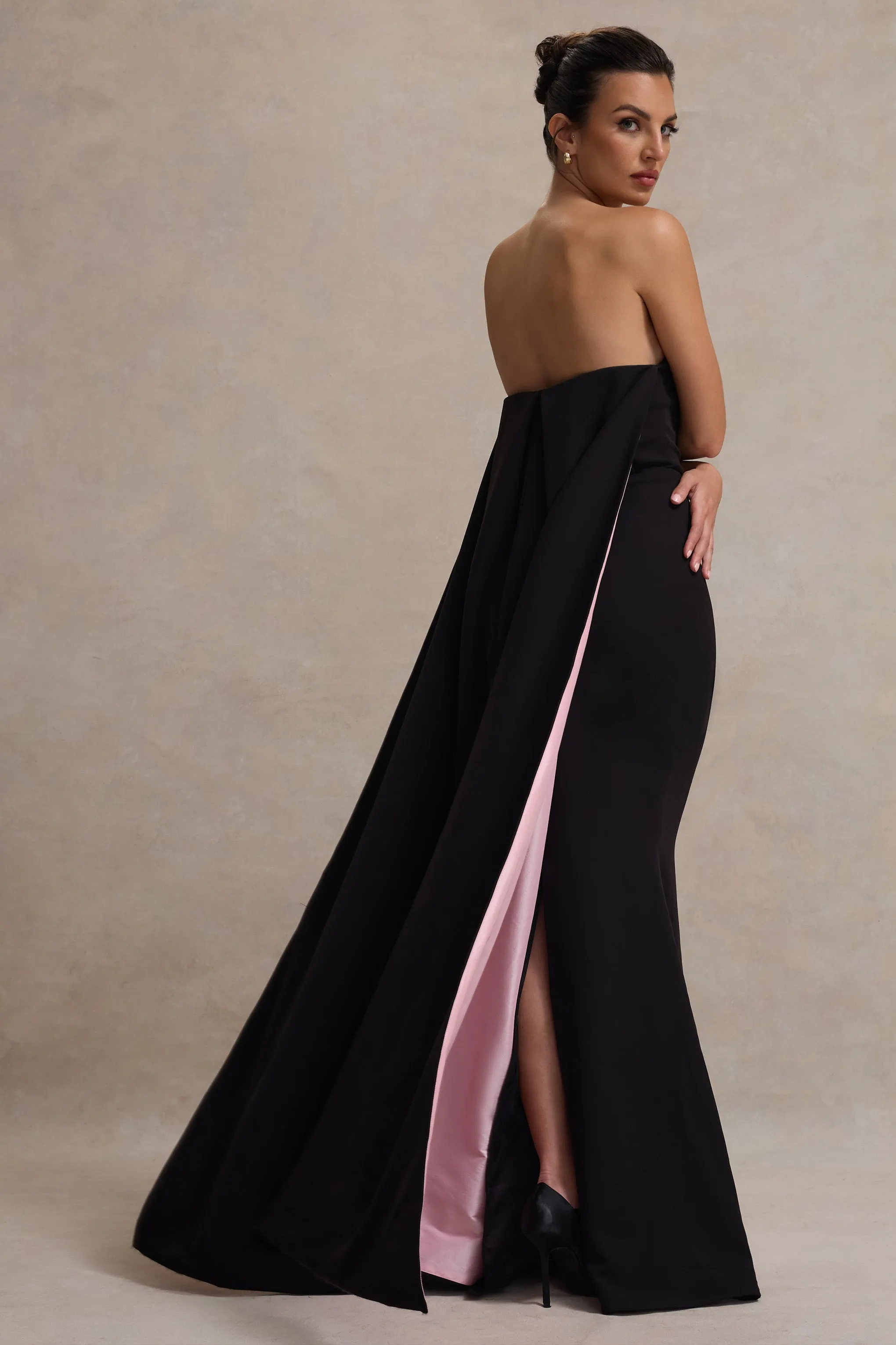 She's Trouble | Black Bandeau Maxi Dress With Pink Cape