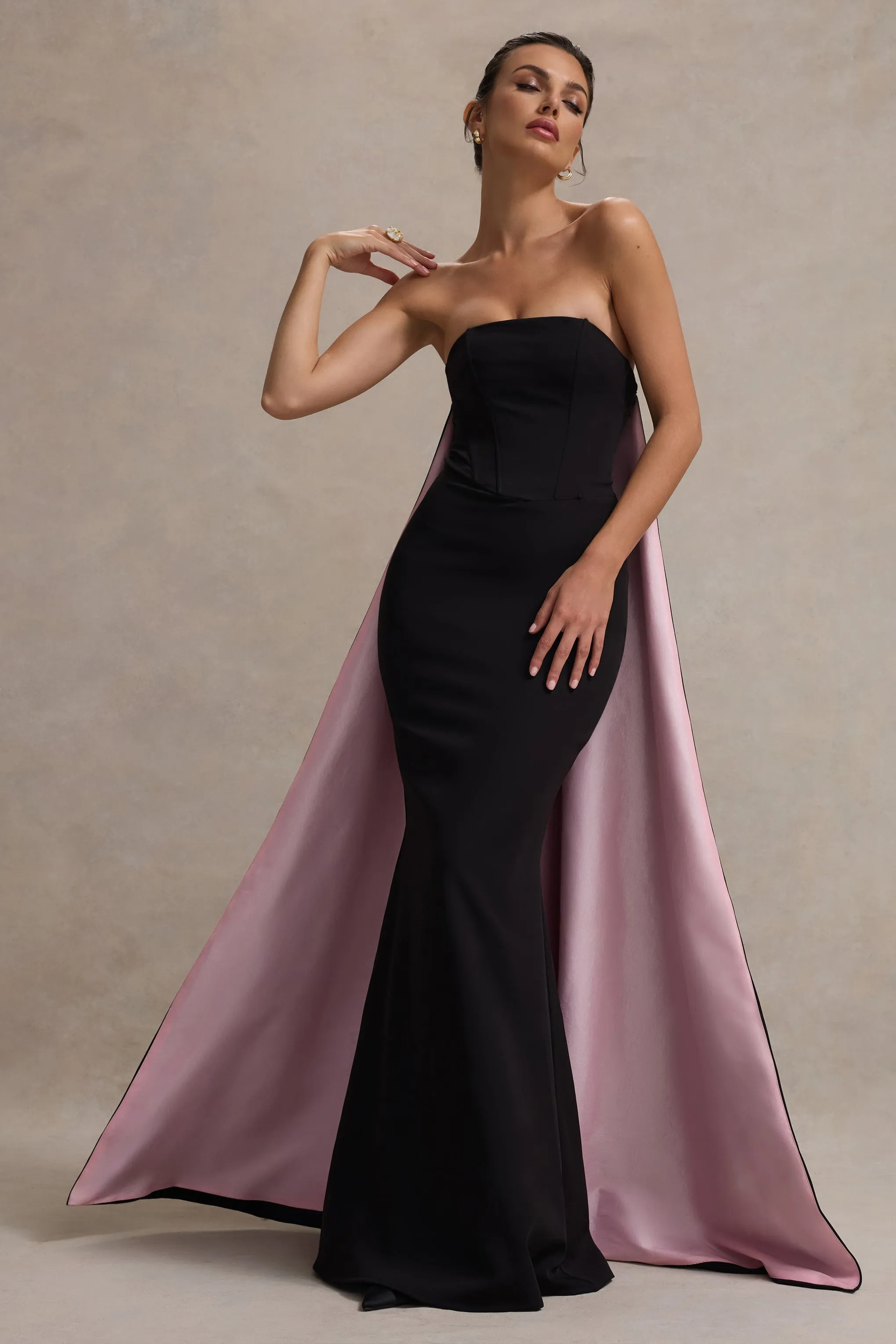 She's Trouble | Black Bandeau Maxi Dress With Pink Cape