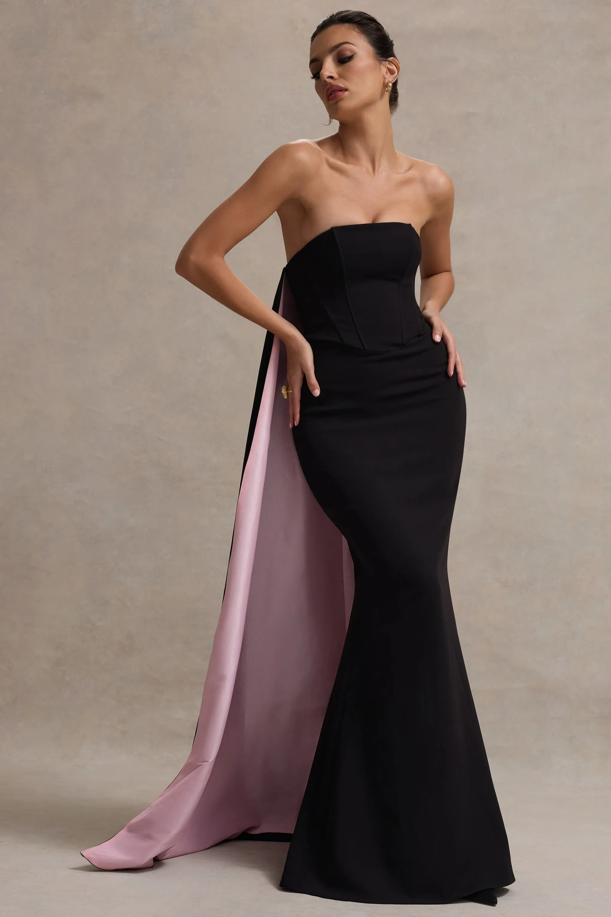 She's Trouble | Black Bandeau Maxi Dress With Pink Cape