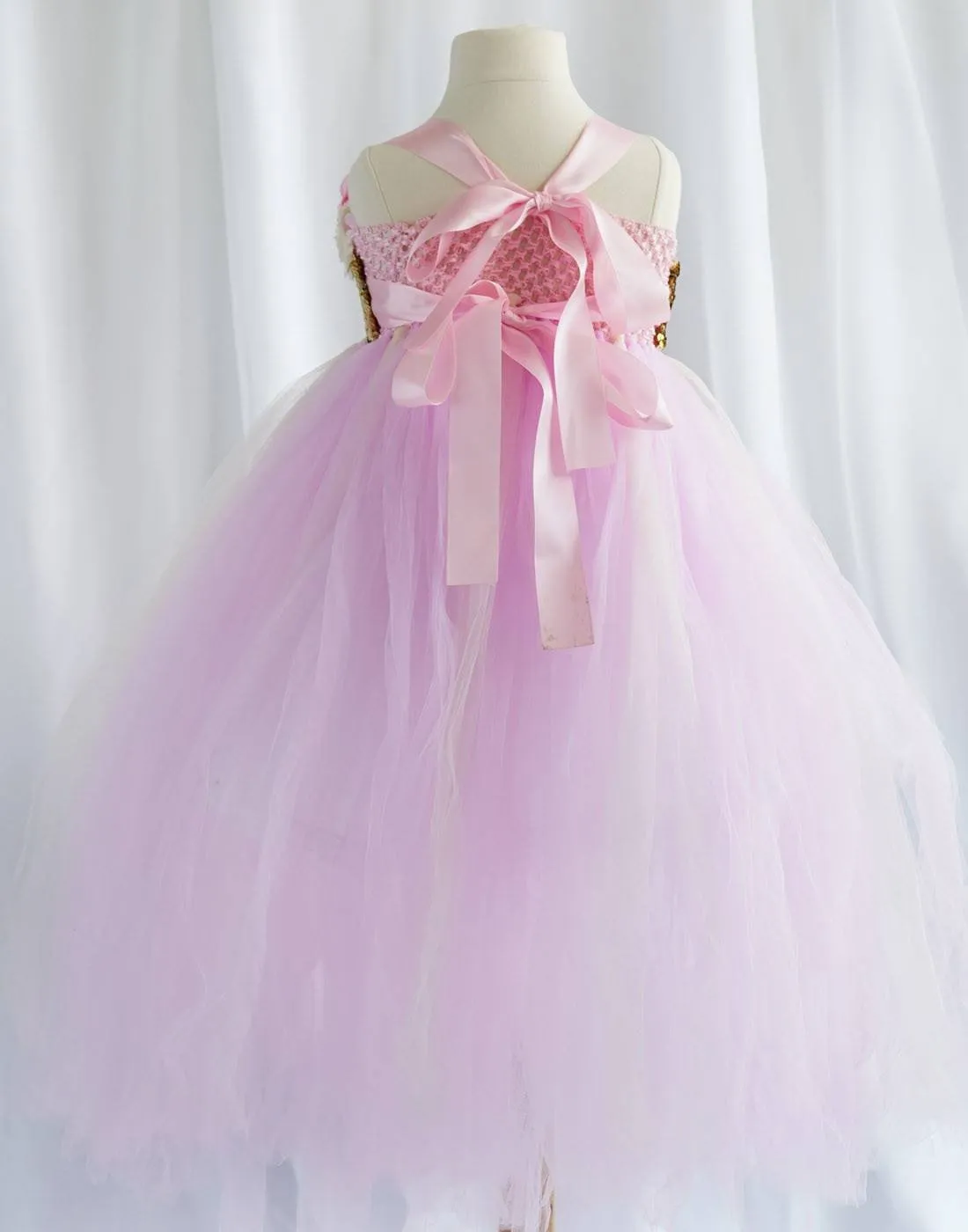 Shimmering Gold and Pink Blossomy Tulle Dress