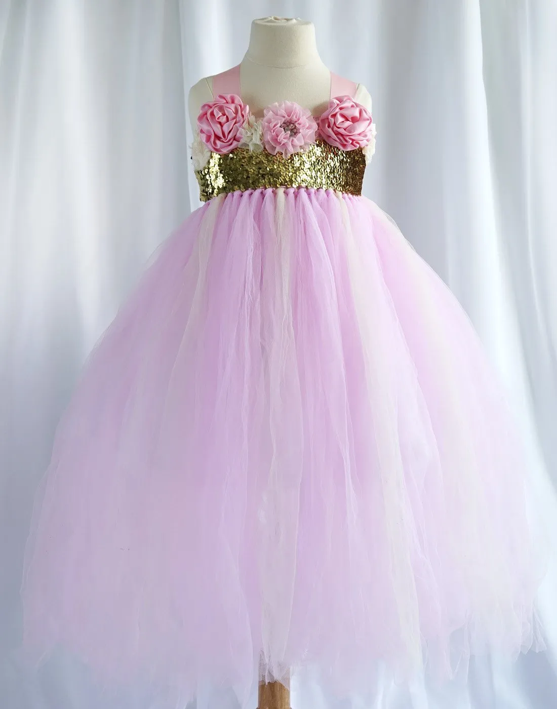 Shimmering Gold and Pink Blossomy Tulle Dress