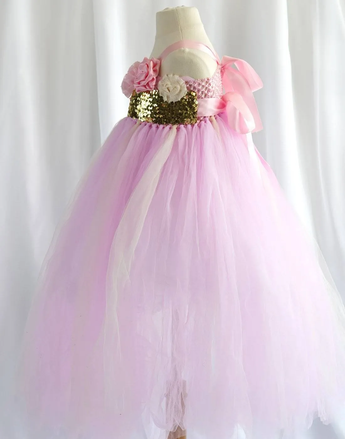 Shimmering Gold and Pink Blossomy Tulle Dress