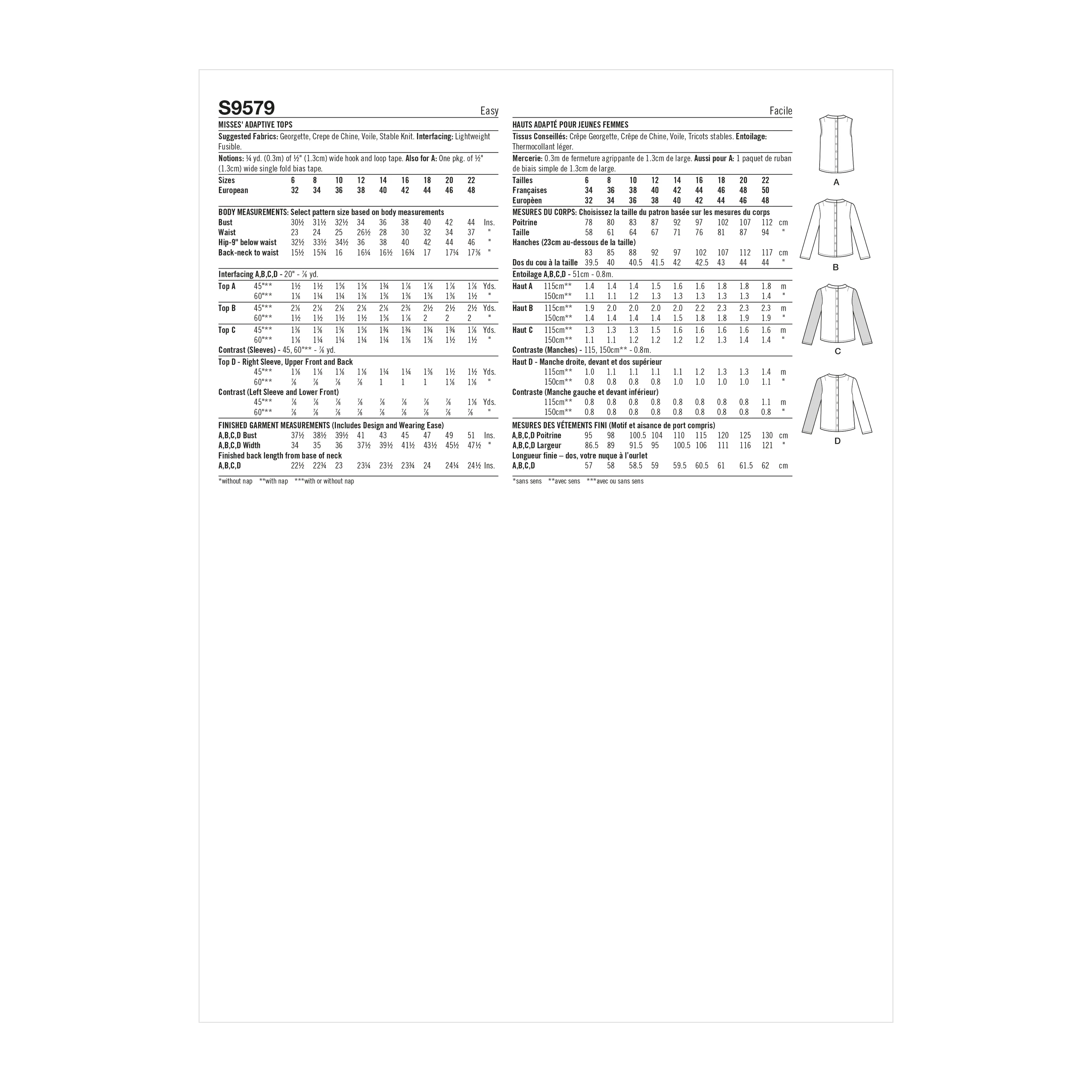 Simplicity Sewing Pattern S9579 MISSES' ADAPTIVE TOPS