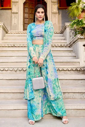 Sky Silk Print Work Three Piece Co-Ord Set