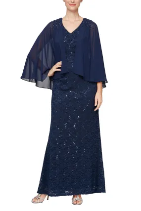 SL Fashion V-Neck Cape Sleeve Sequined Zipper Back Floral Lace Dress