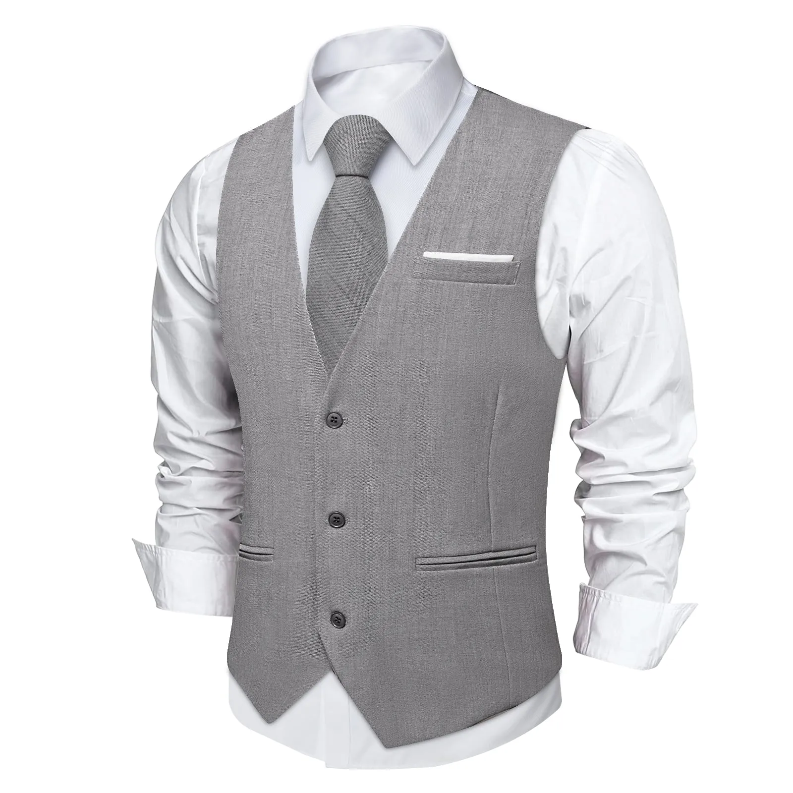 Slive Grey Solid Jacquard Men's Vest Hanky Cufflinks Tie Set