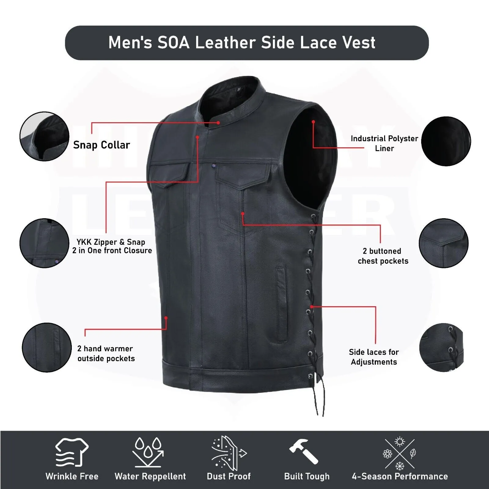 SOA Men's Leather Vest Anarchy Motorcycle Club Concealed Carry Side Lace 11685SPT