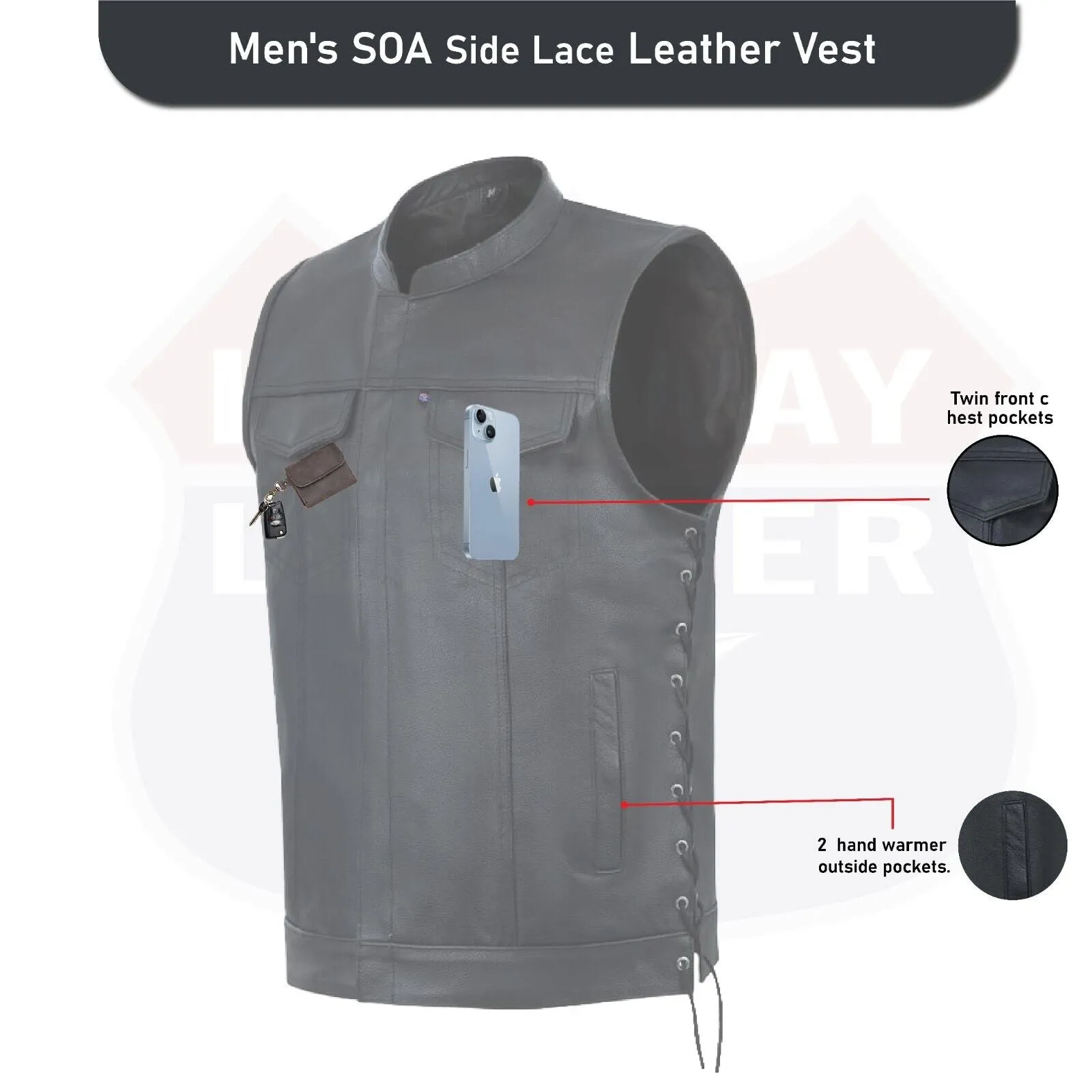 SOA Men's Leather Vest Anarchy Motorcycle Club Concealed Carry Side Lace 11685SPT