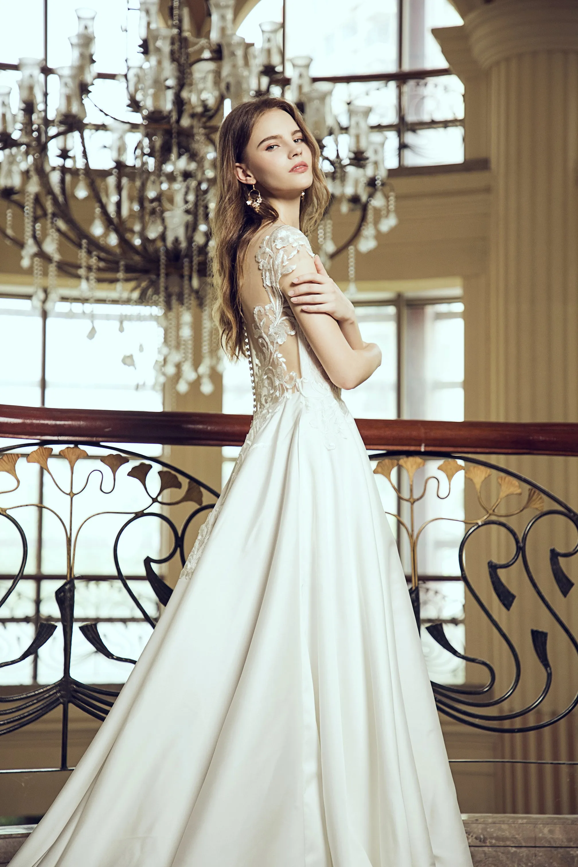 Solance - Selena Huan Venice Floral embroidery lace cape-shoulder long-train satin ball gown