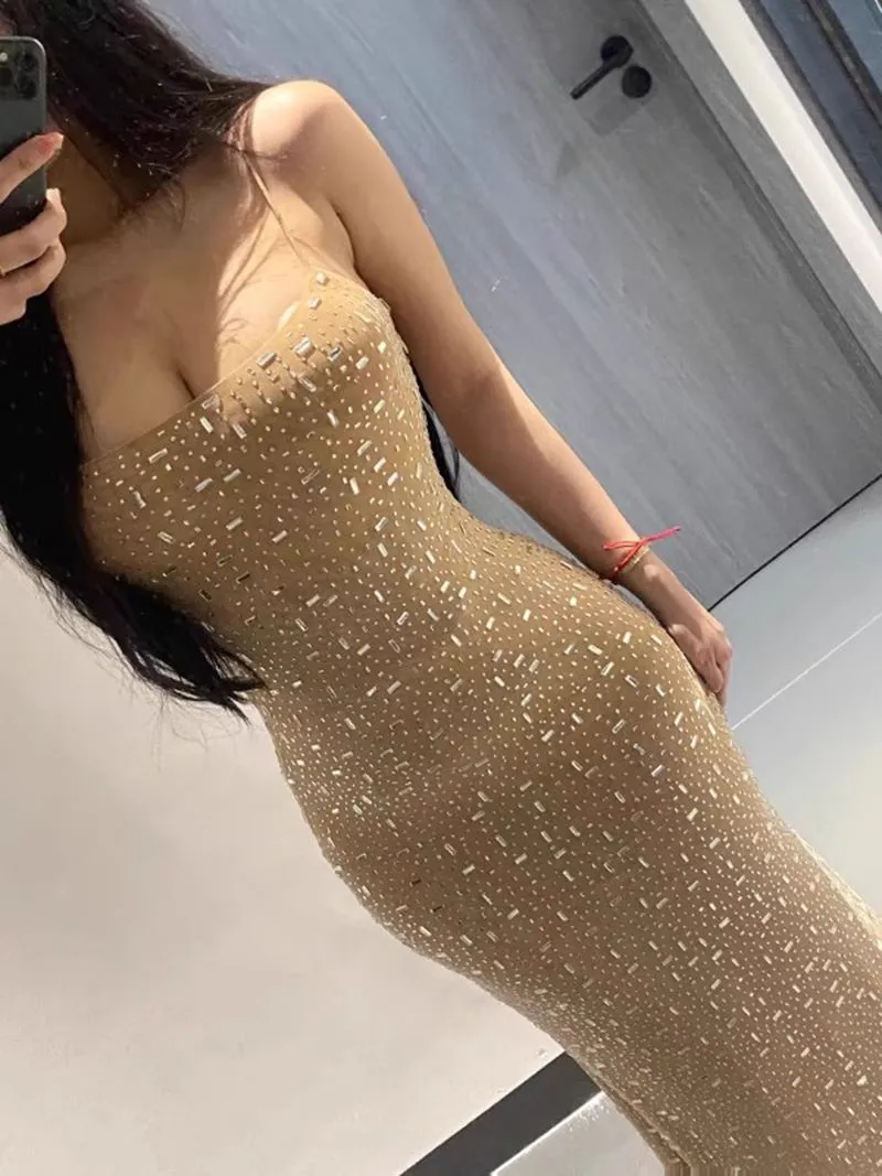 Sparkly Rhinestone Embellished Scoop Neck Evening Gown Dress