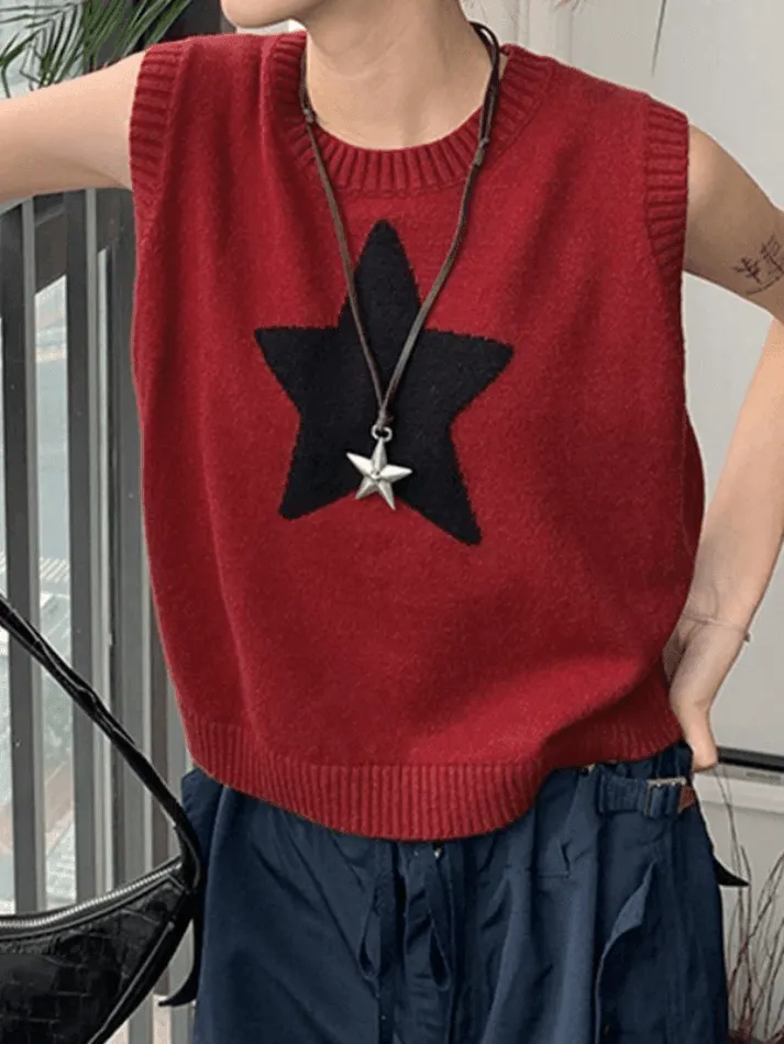 Star Jacquard Crew Neck Cropped Sweater Vest