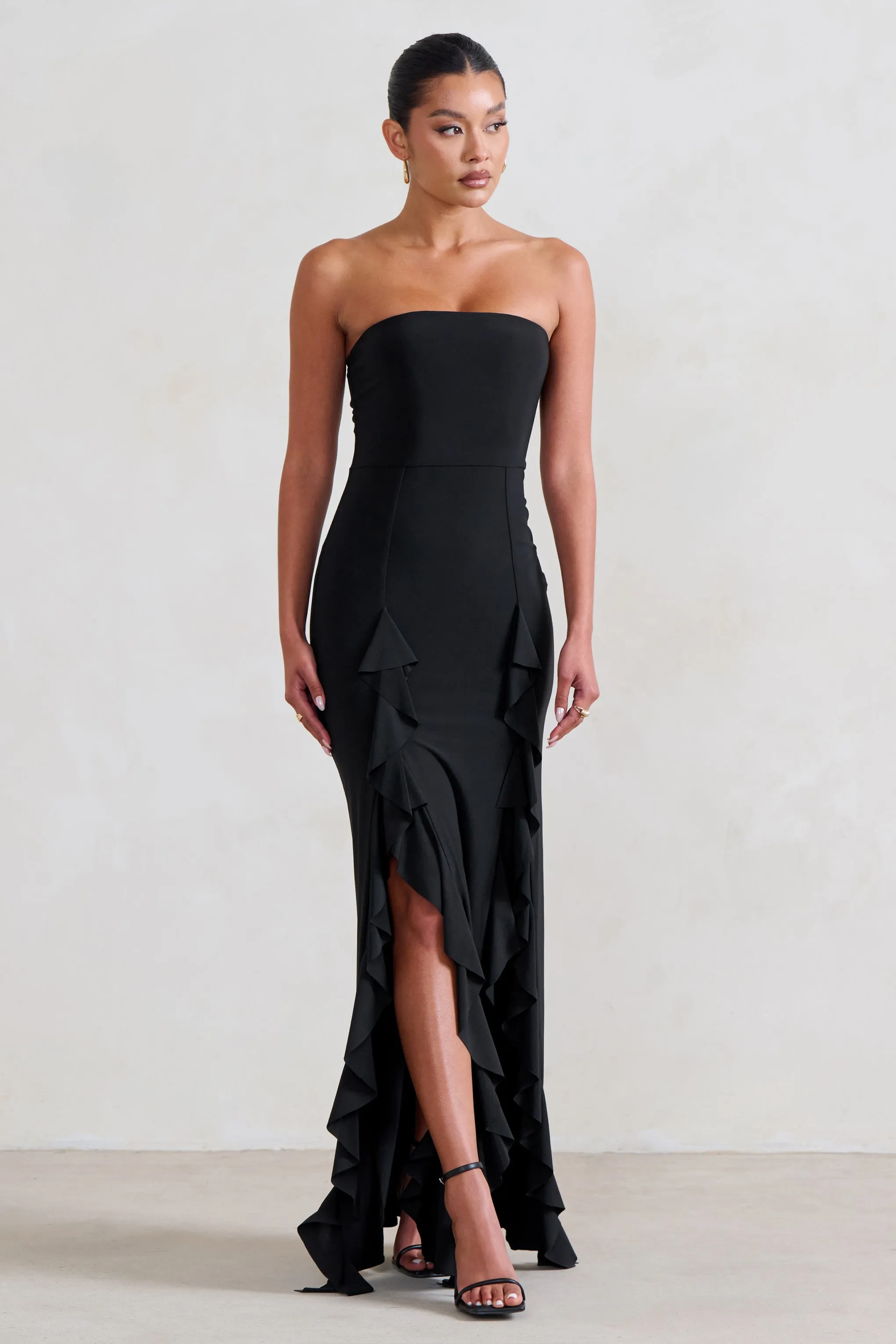 Susan | Black Bandeau Maxi Dress With Ruffled Splits