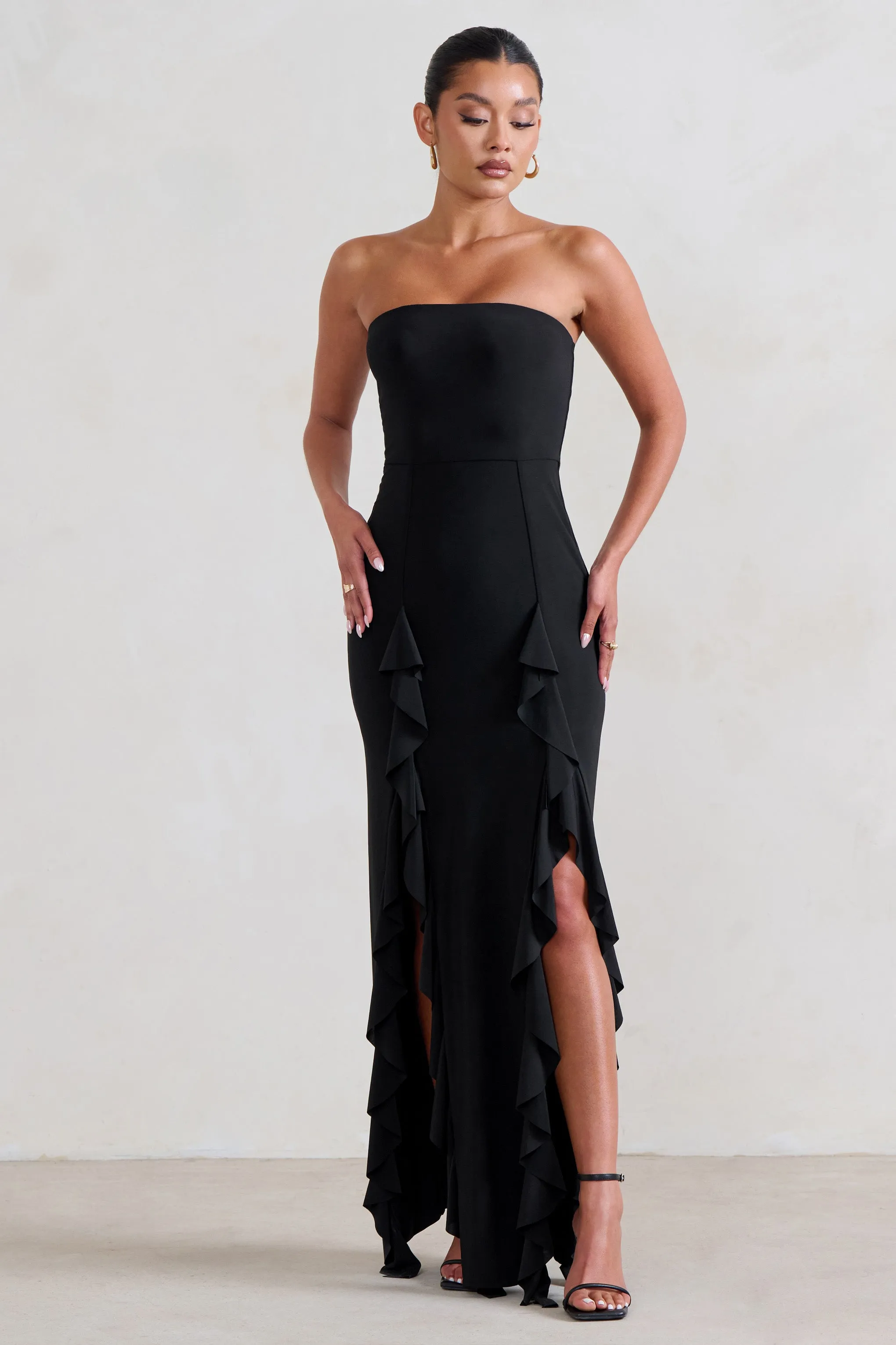 Susan | Black Bandeau Maxi Dress With Ruffled Splits