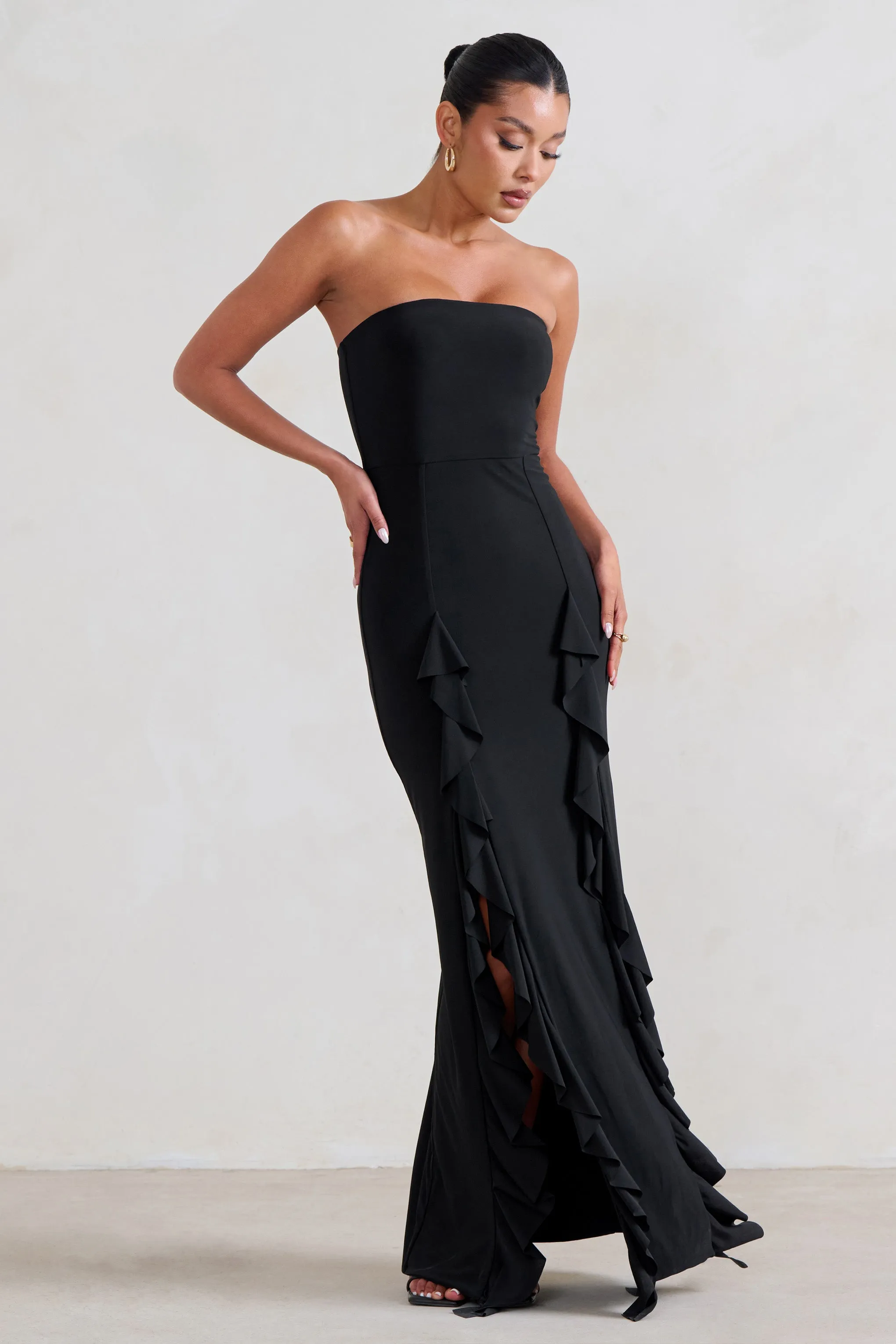 Susan | Black Bandeau Maxi Dress With Ruffled Splits