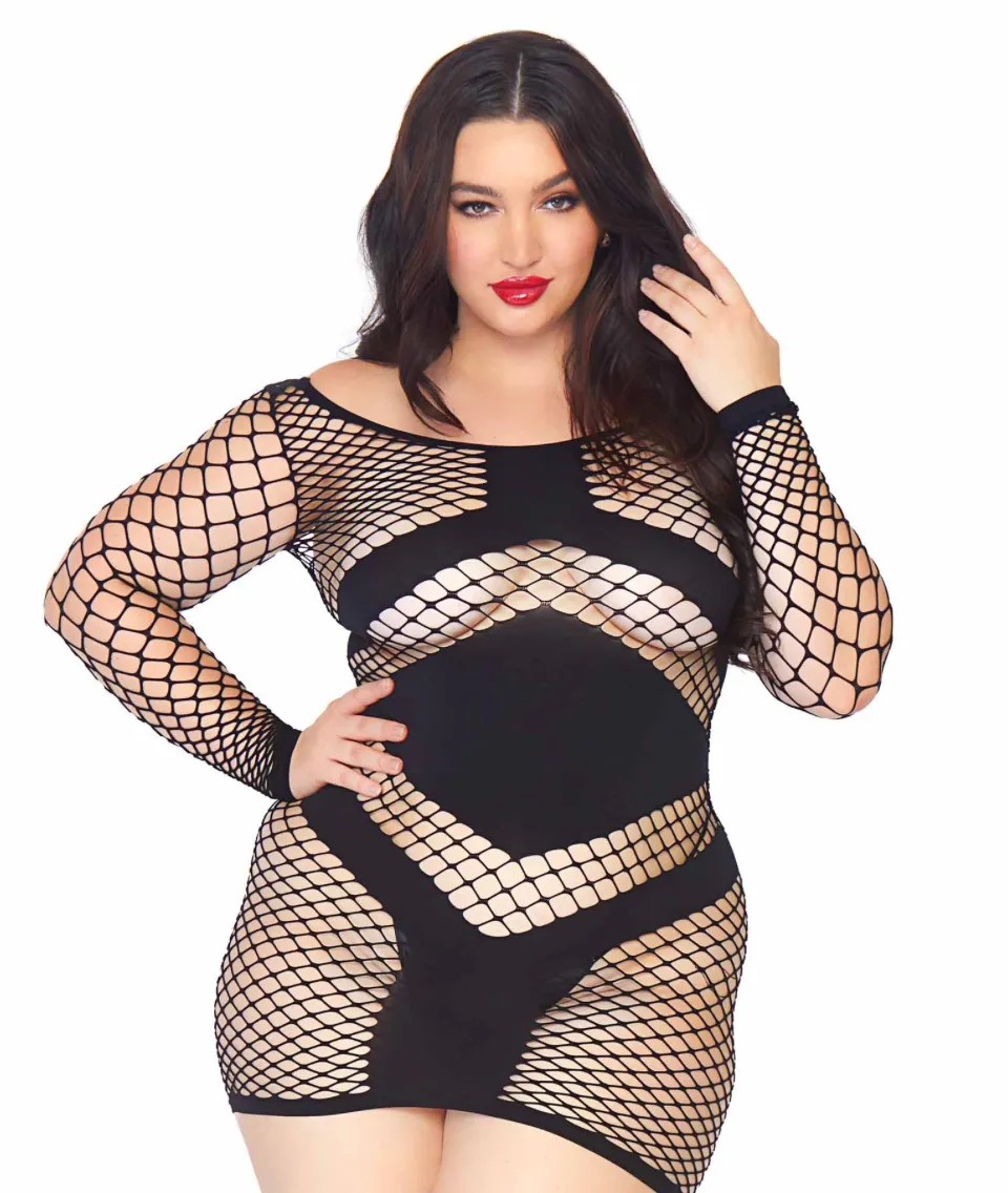 Take Charge Fishnet Dress - Plus (Black)