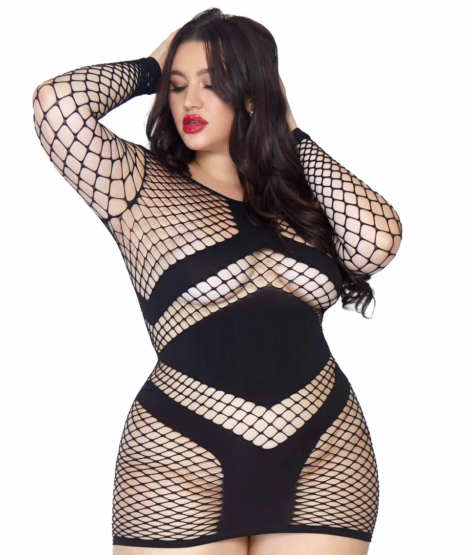 Take Charge Fishnet Dress - Plus (Black)