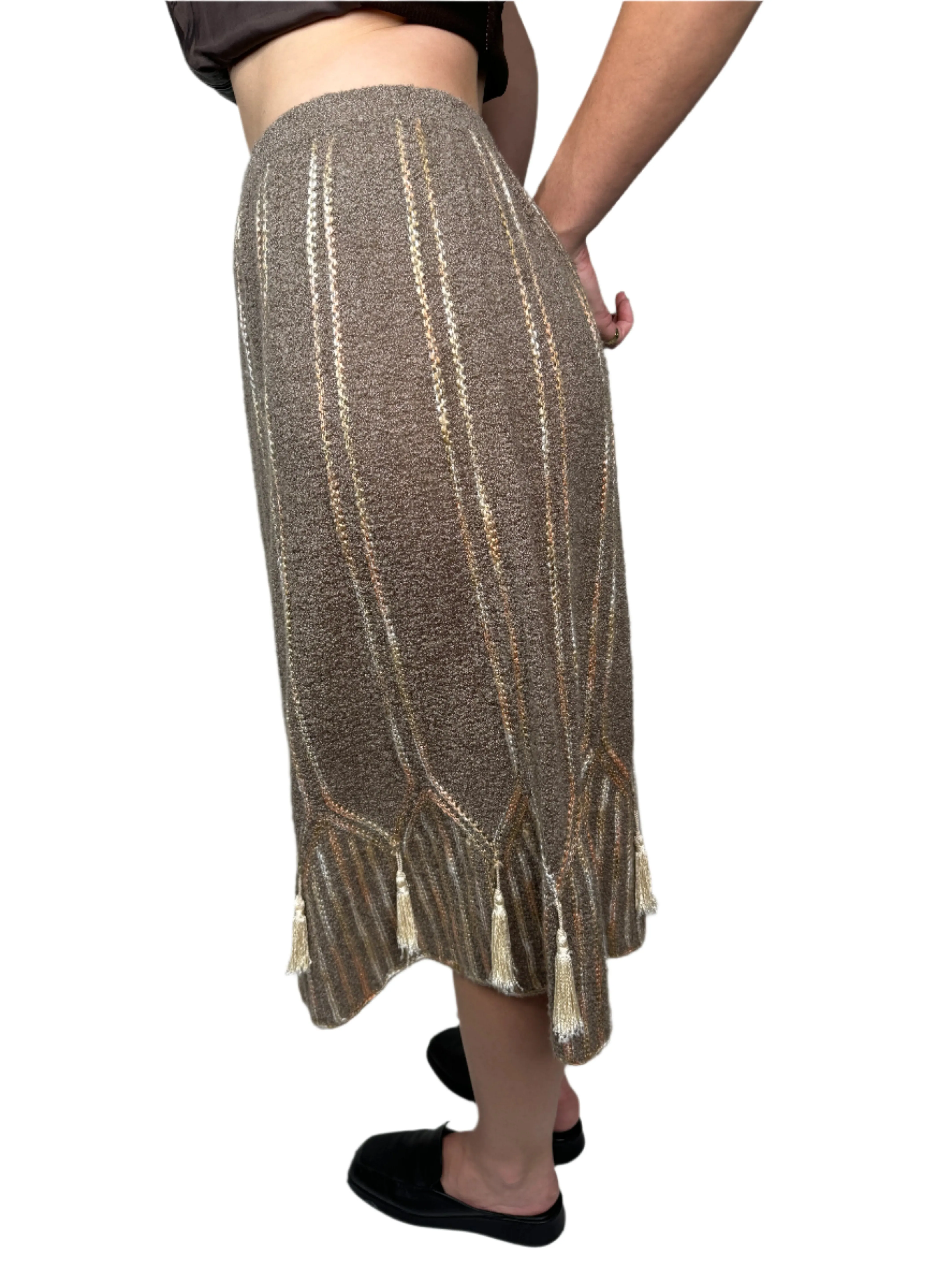 Taupe Knit Tassel Midi Skirt 1970s